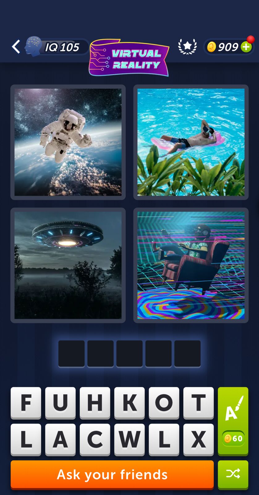 Virtual reality quiz game with space images.