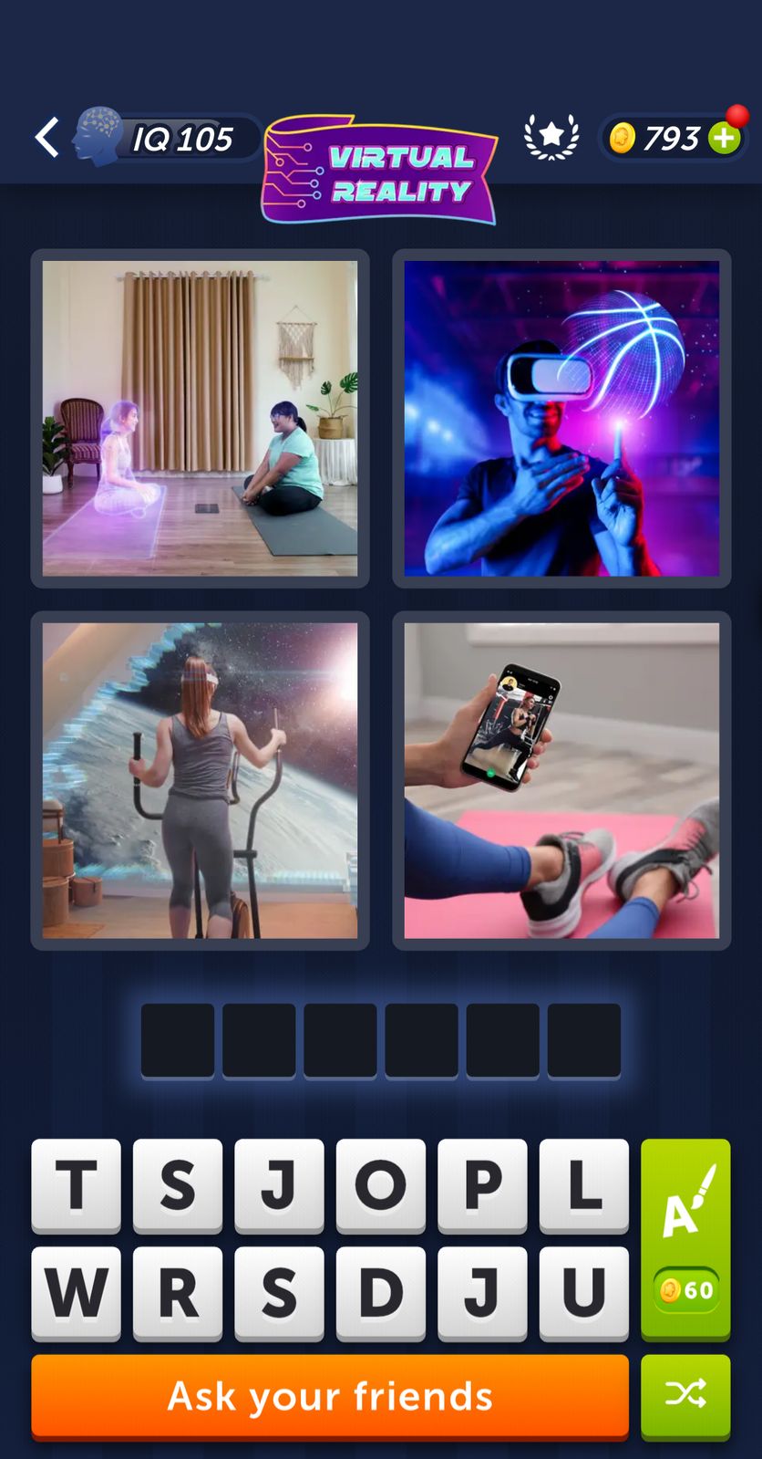 Virtual reality activities and exercise app interface