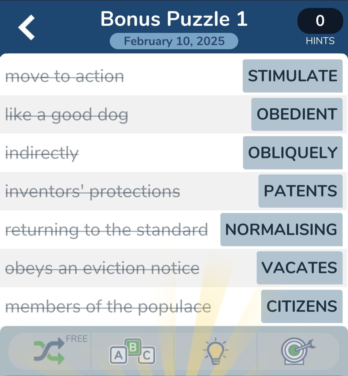 Crossword puzzle answers for February 10, 2025