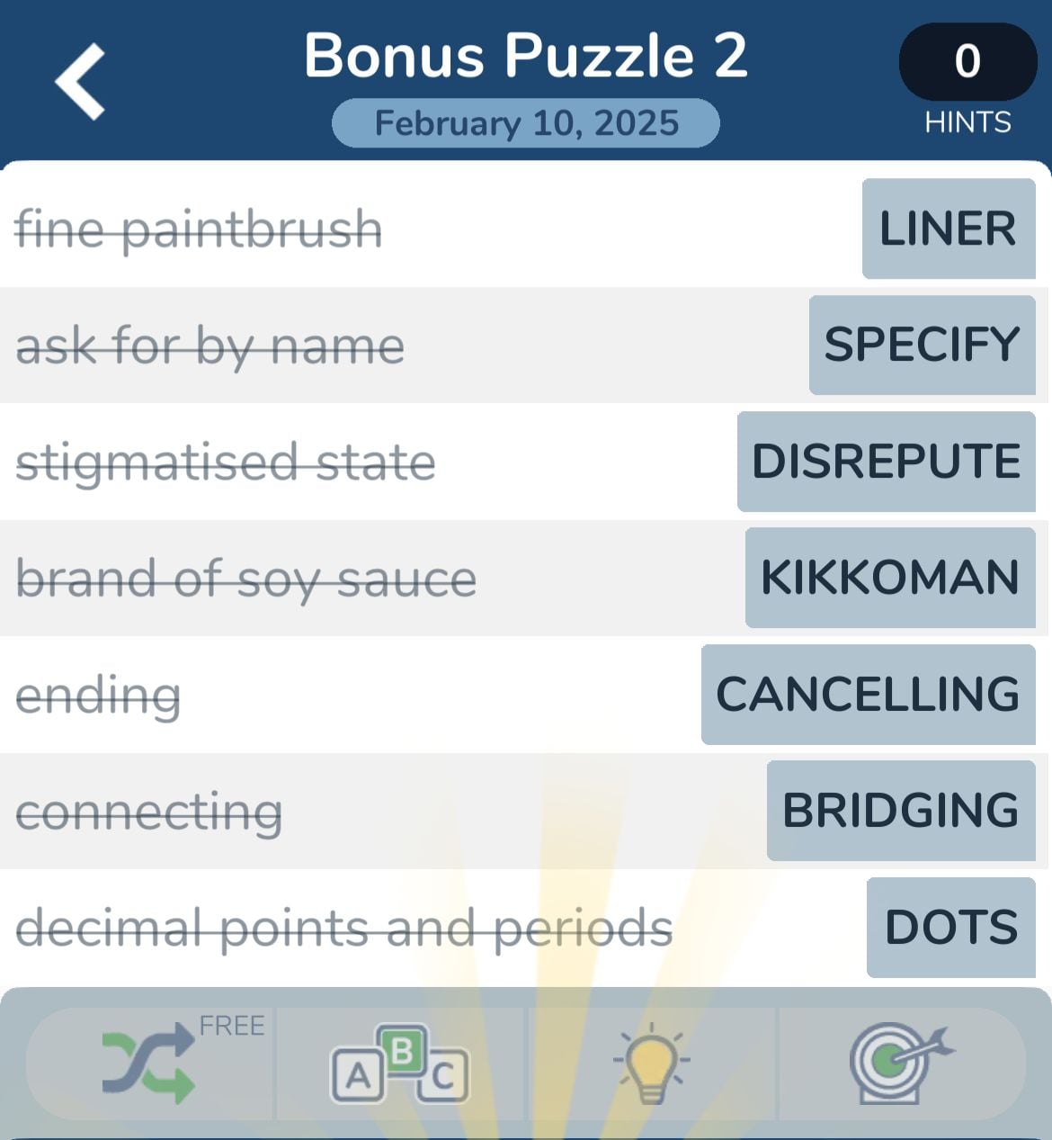 Word puzzle answers list on February 10, 2025