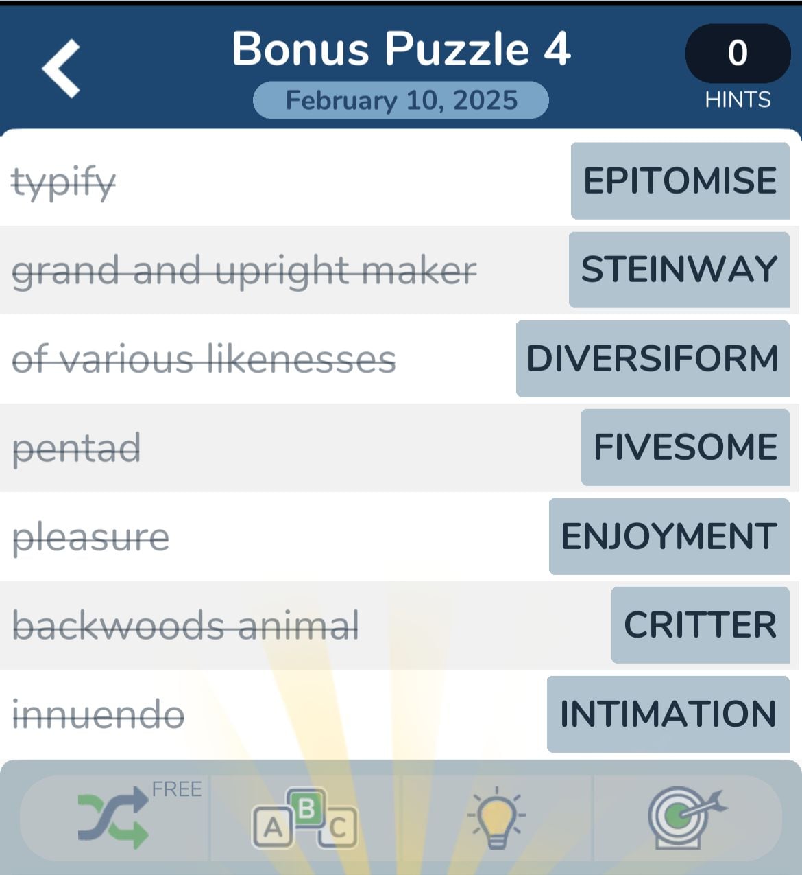 Bonus Puzzle 4 word game solutions list.
