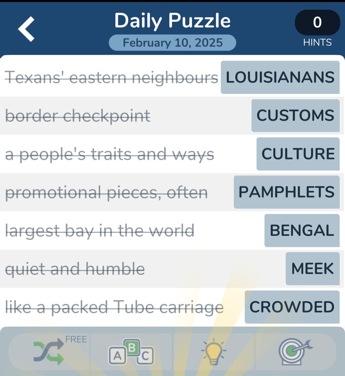 Daily puzzle word game with clues and answers.