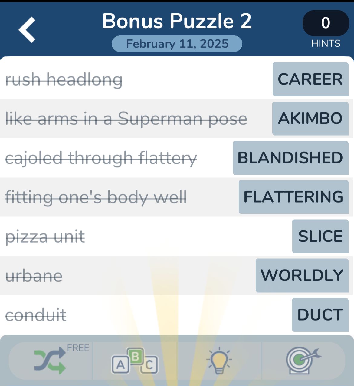 Game puzzle with words and definitions matching.