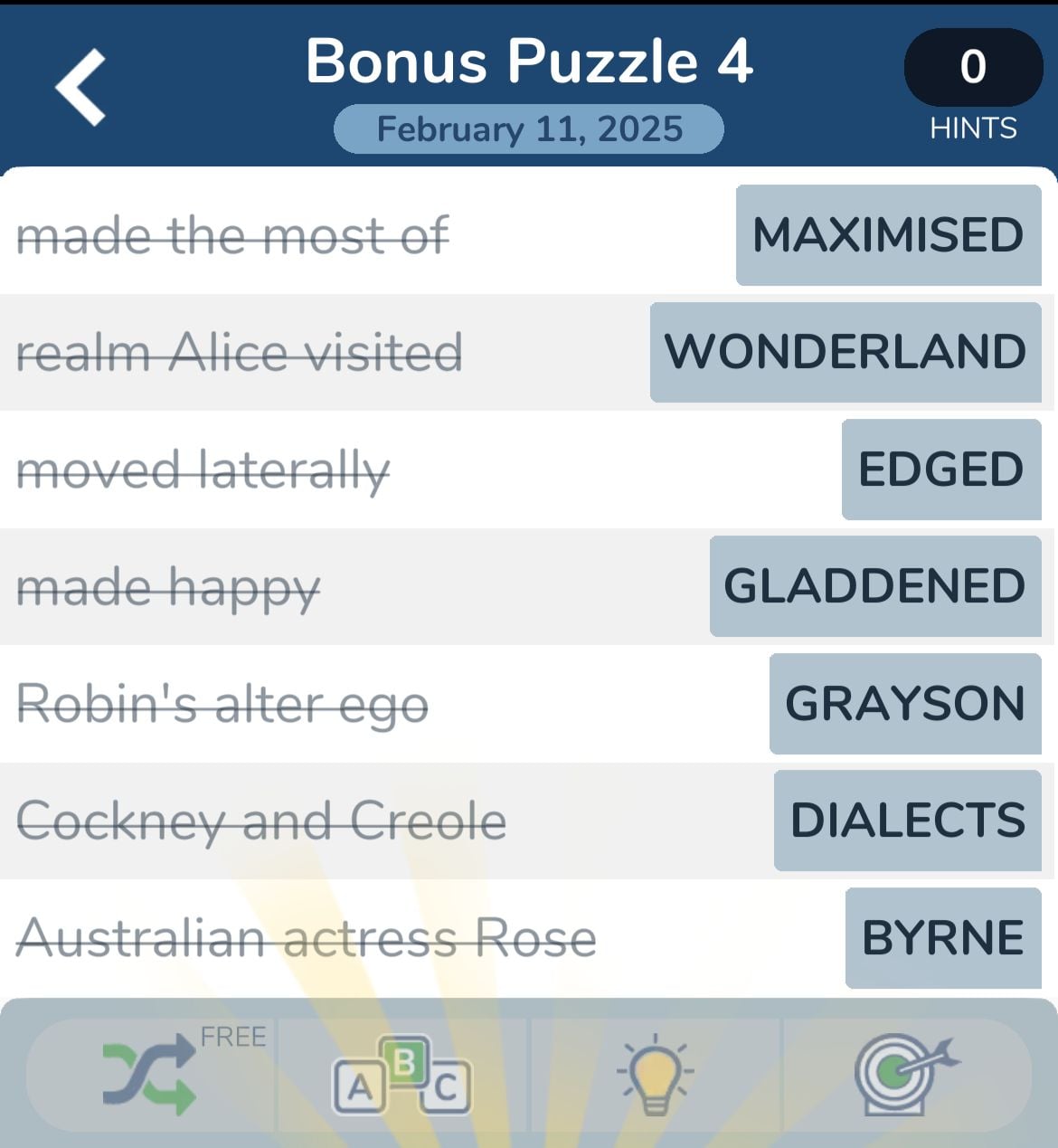 Word puzzle solutions from February 11, 2025.