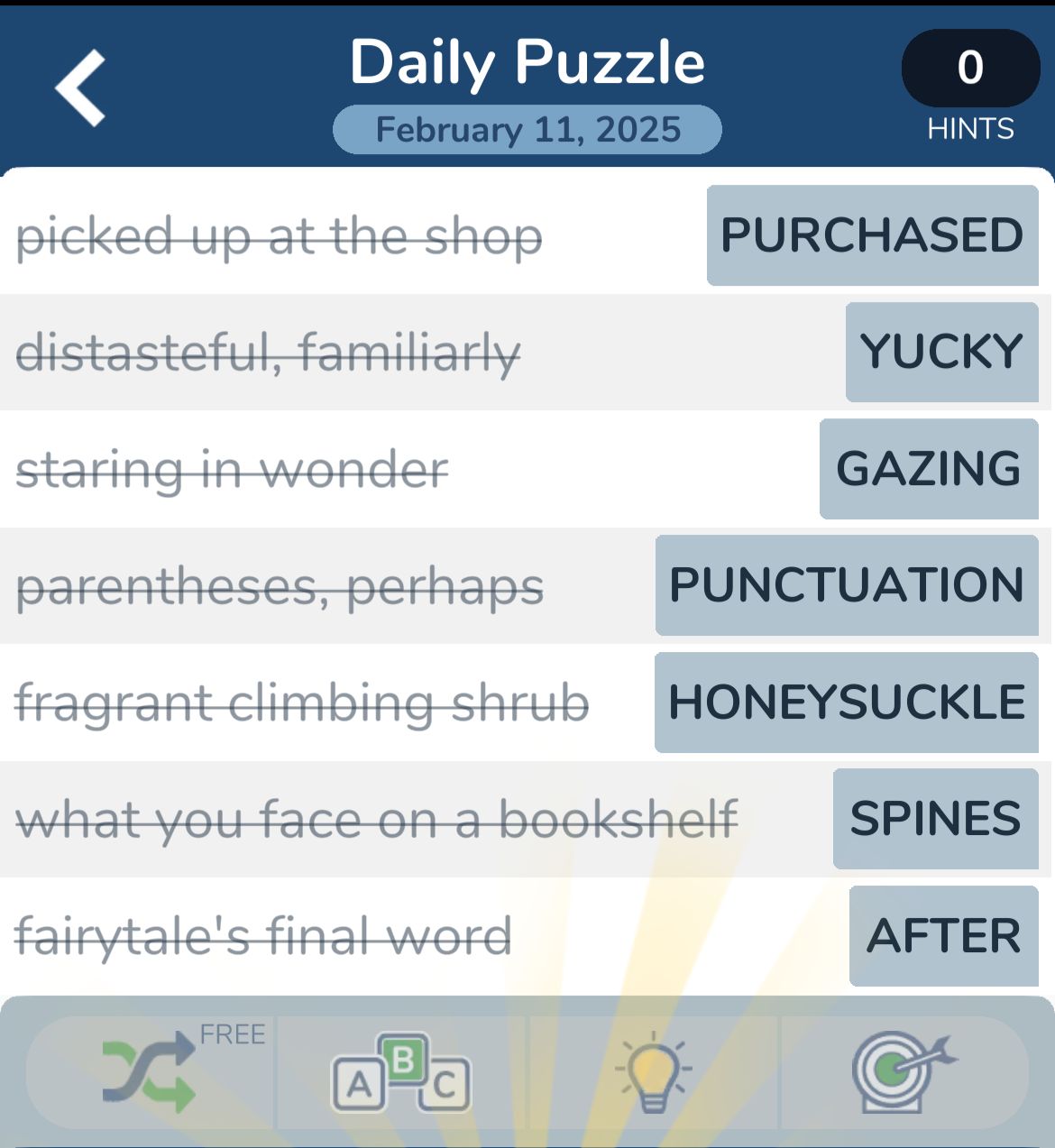 Word game puzzle solutions for February 11, 2025.