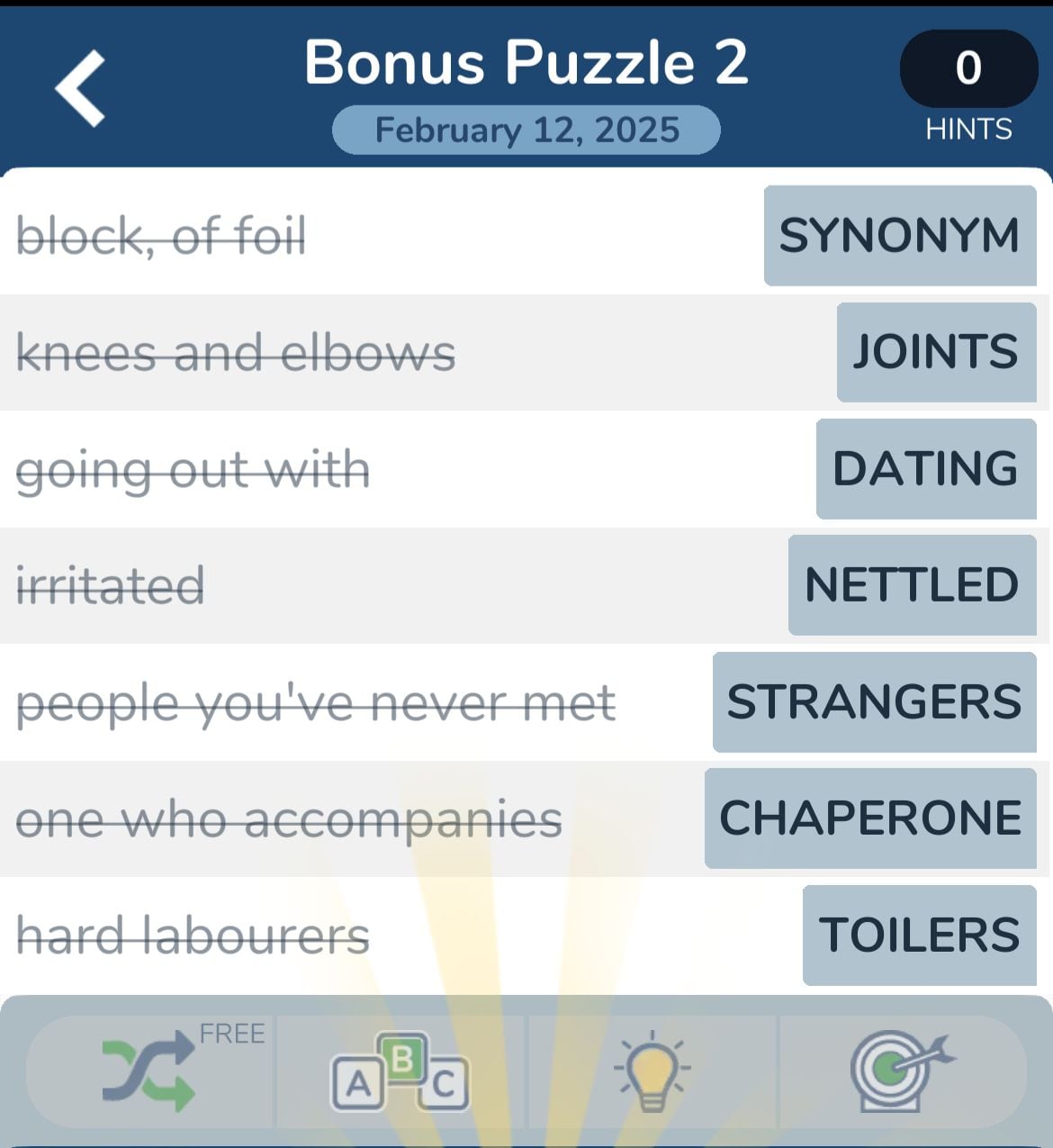 Word puzzle game with synonyms and answers