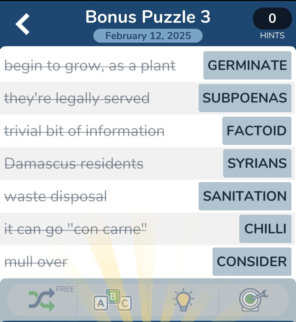 Word puzzle with answers related to various topics.