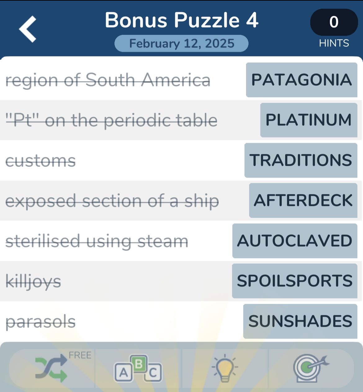 Word puzzle with answers: Patagonia, Platinum, Traditions.