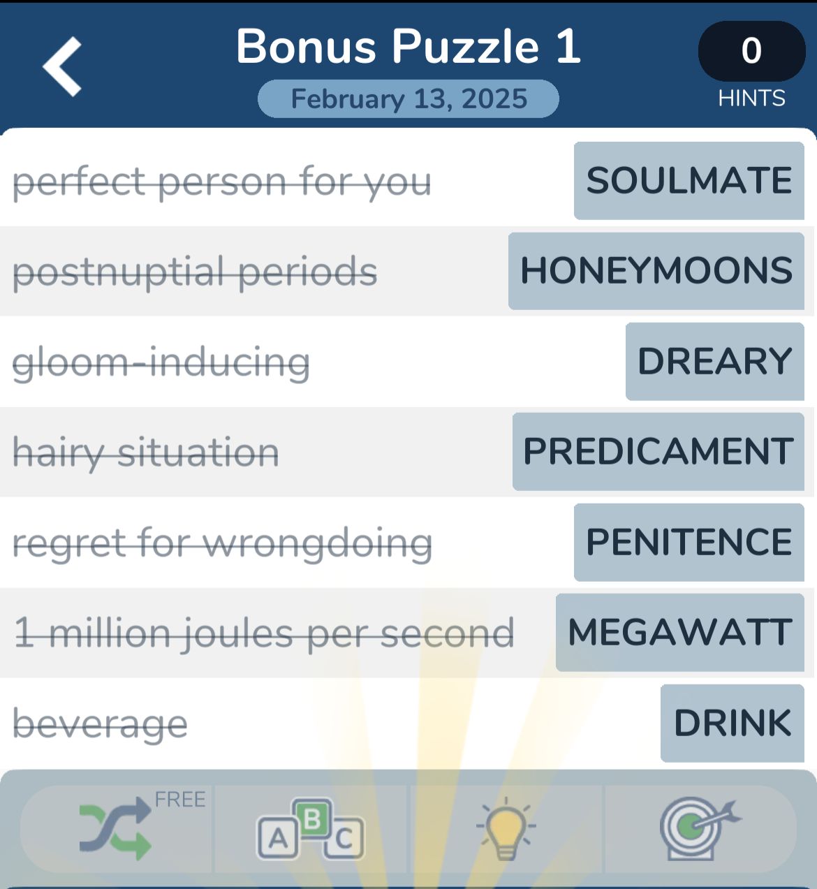Word puzzle with clues and answers.