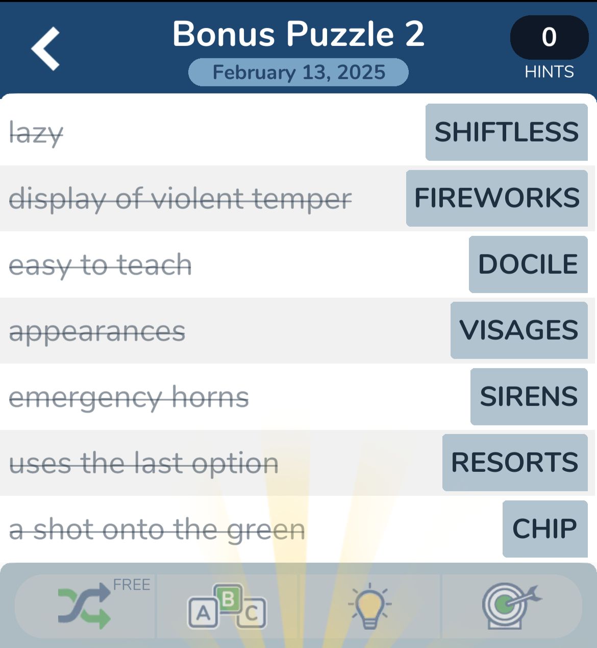 Word puzzle game with synonyms and clues.