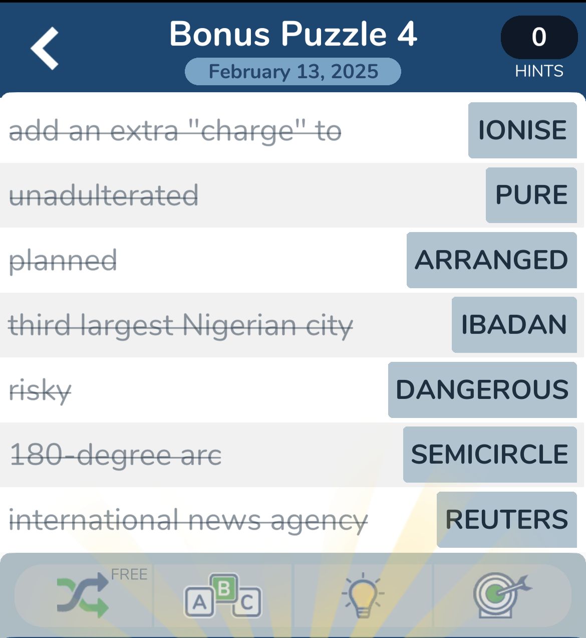 Word puzzle answers for various clues.