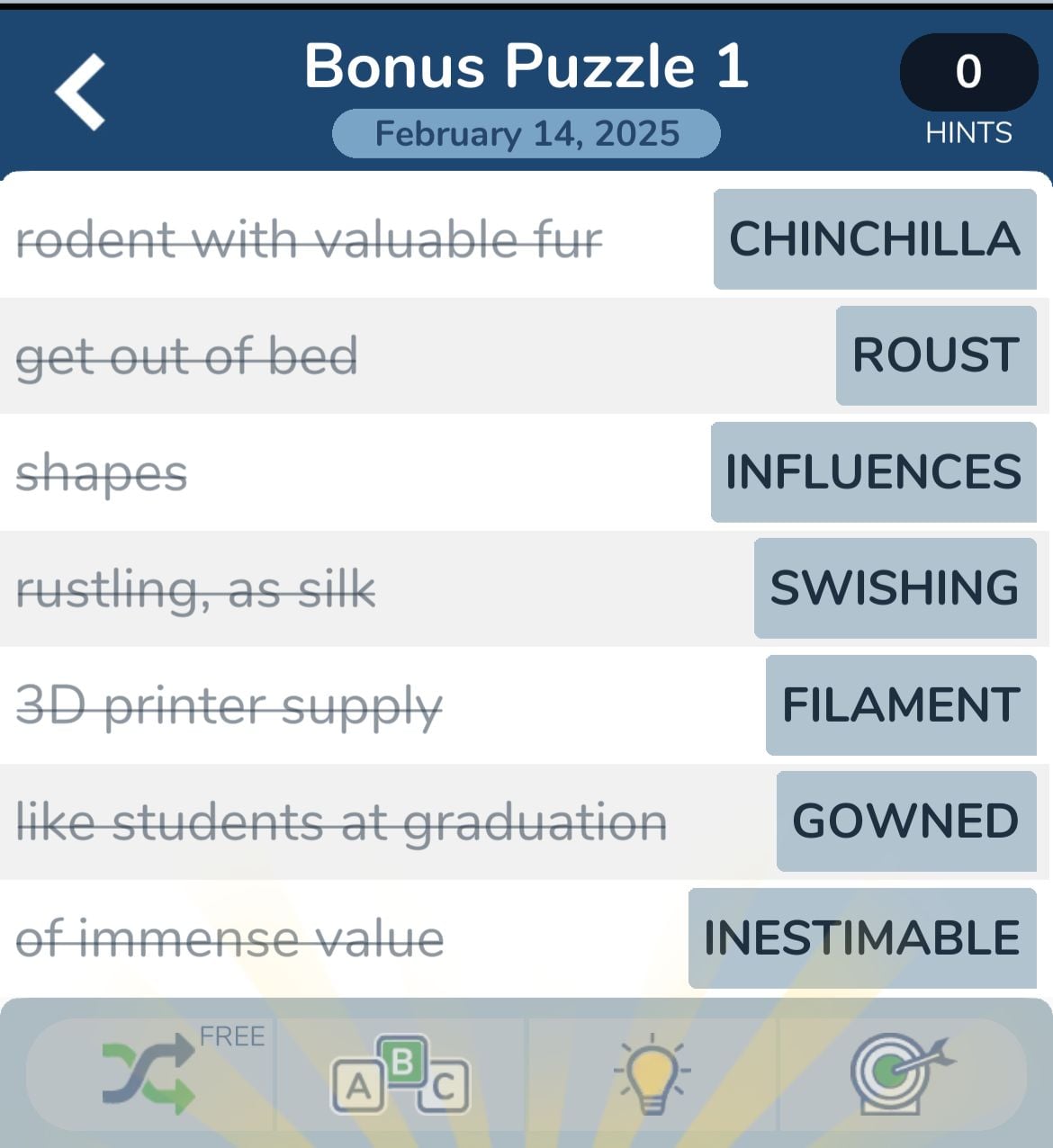 Puzzle with clues and answer words for February 2025.