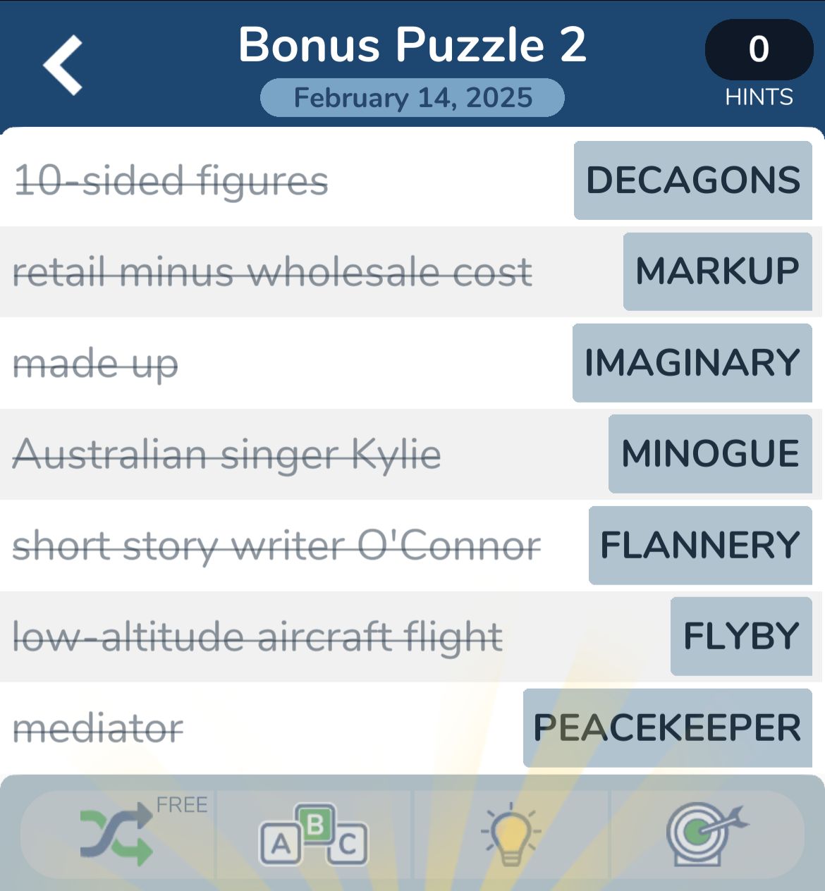 Word puzzle with answers for various clues.