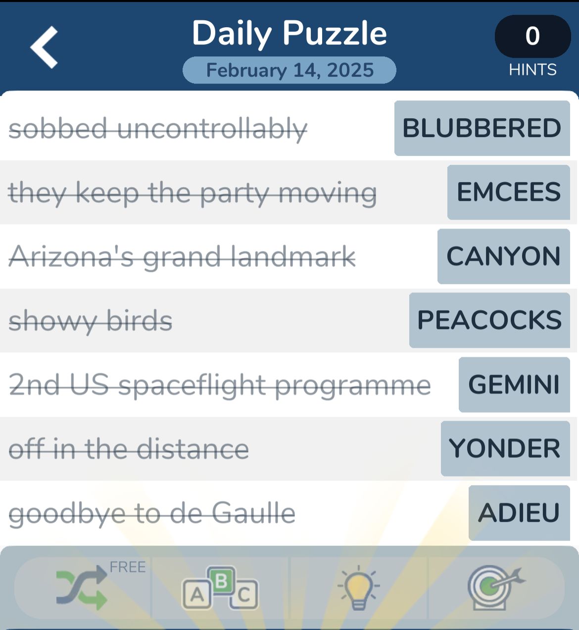 Daily puzzle clues and answers, February 14, 2025