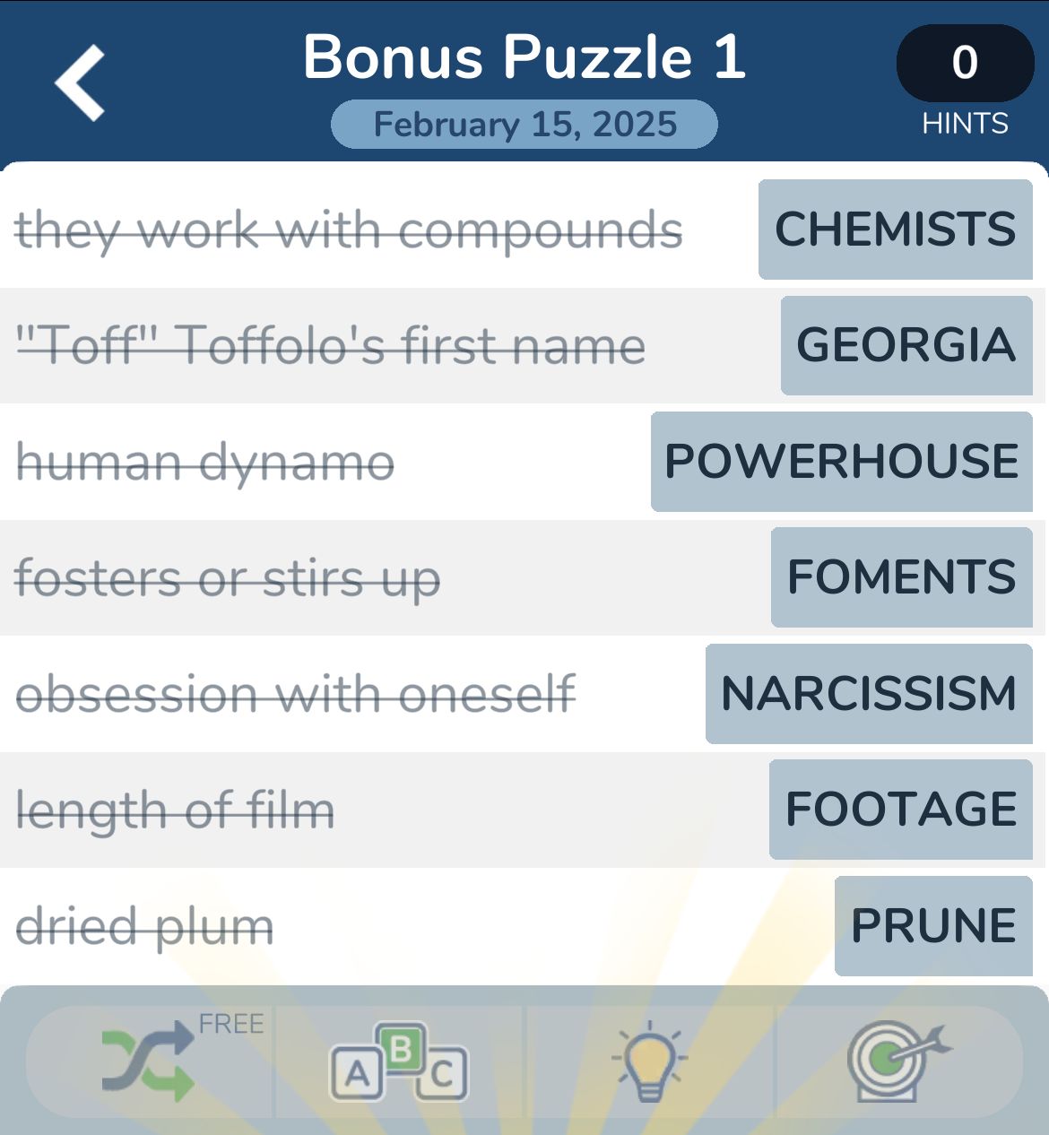 Crossword puzzle answers: Chemists, Georgia, Powerhouse, Foments.