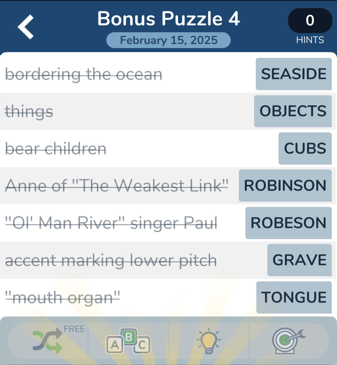 Word puzzle with clues and answers for February 2025.