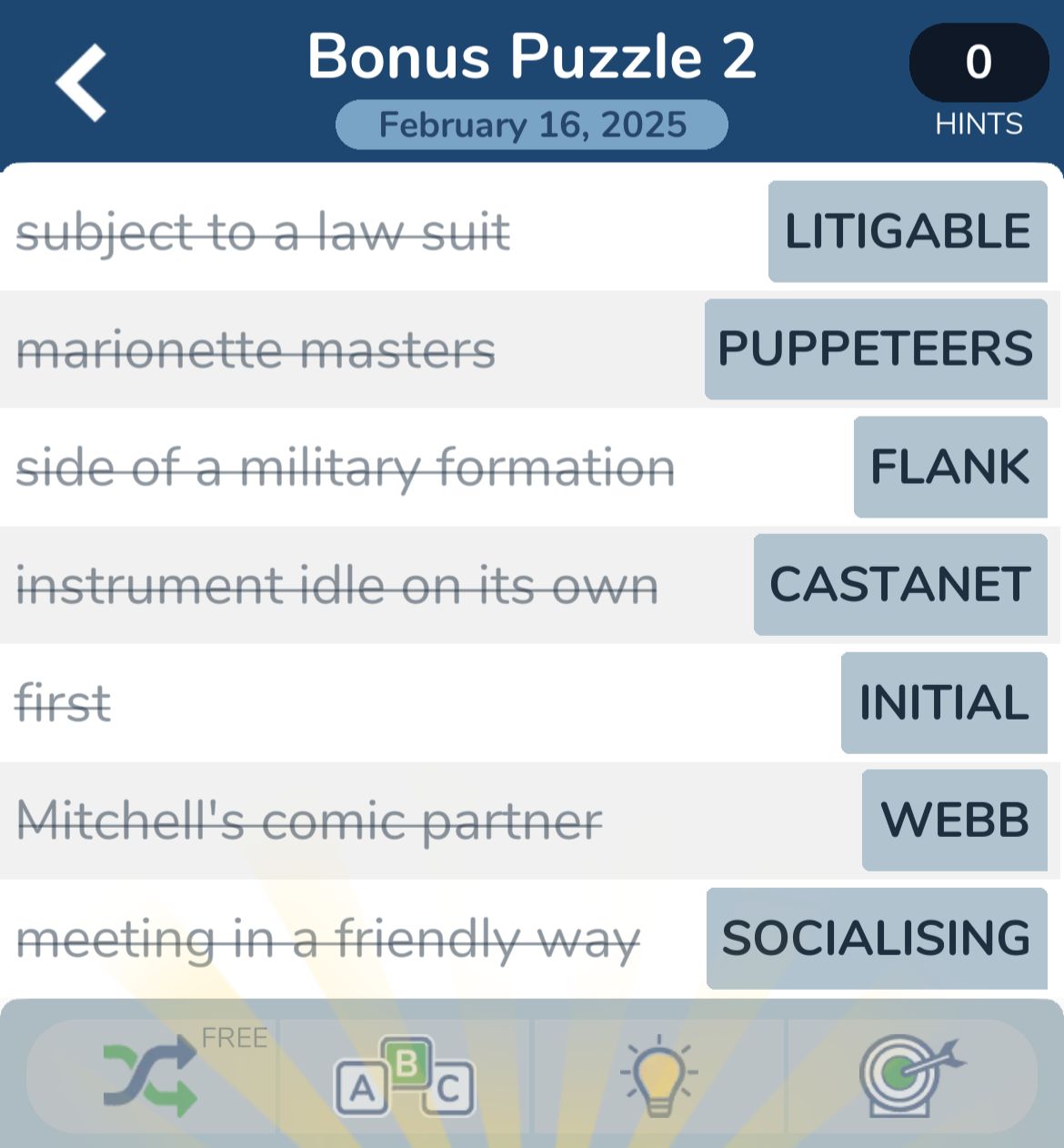 Word puzzle answers for February 16, 2025.