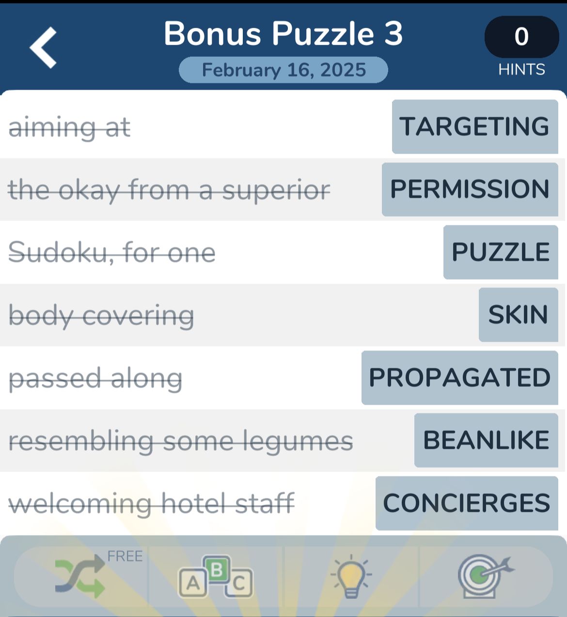 Word association game puzzle, February 16, 2025