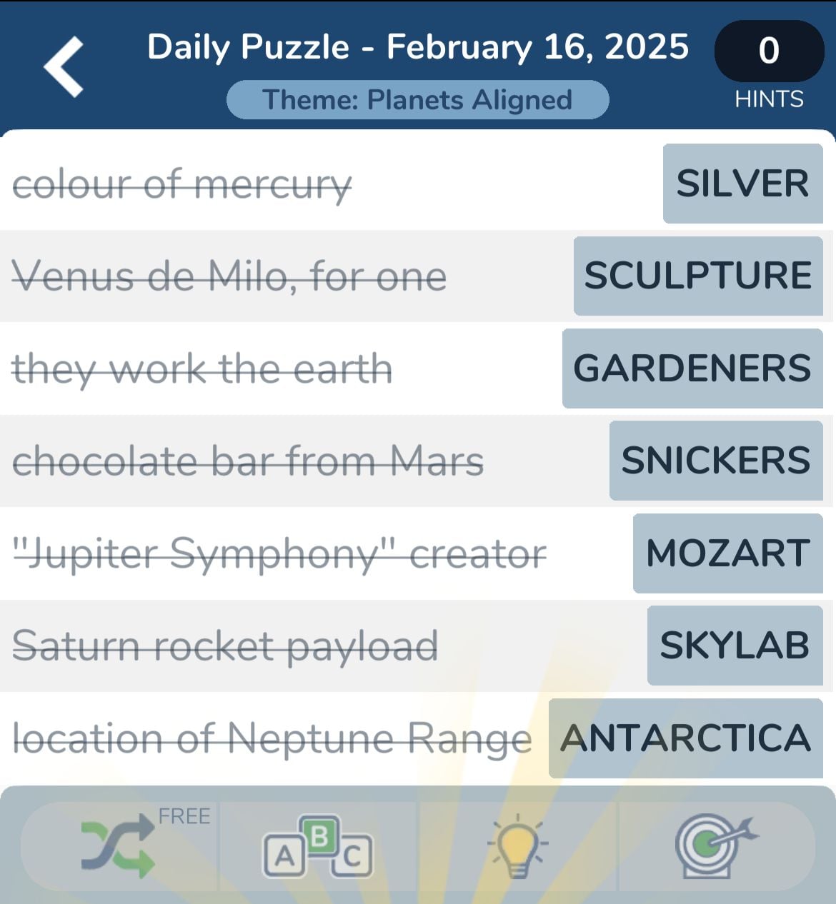 Daily puzzle clues and answers for February 16, 2025.