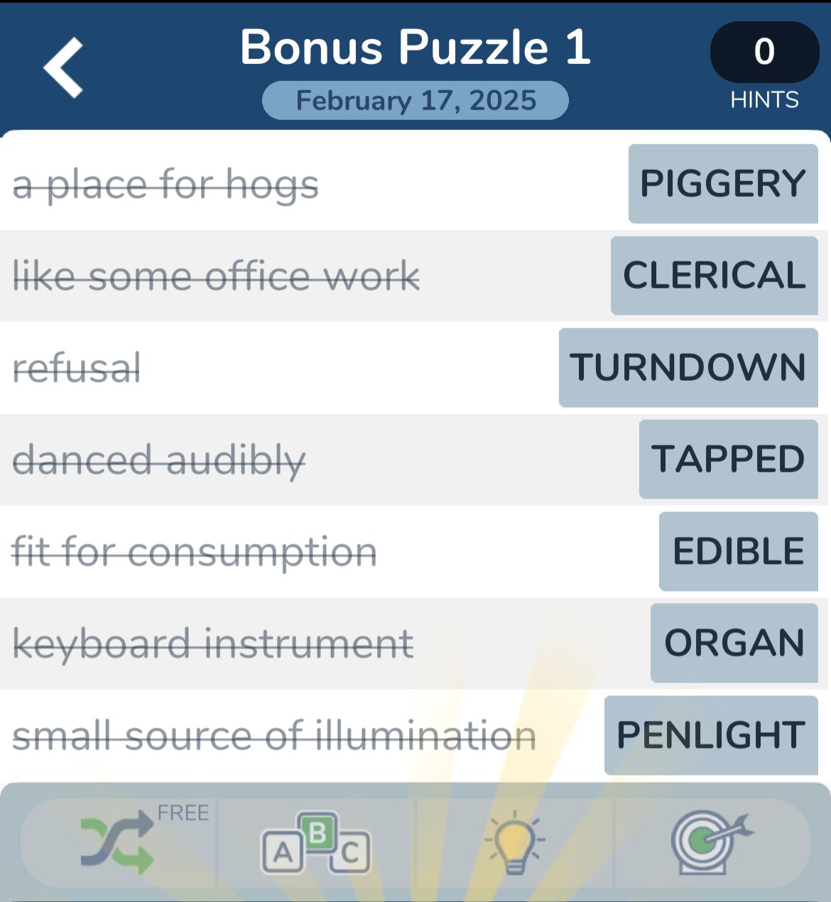 Word puzzle with clues and answers for February 2025.