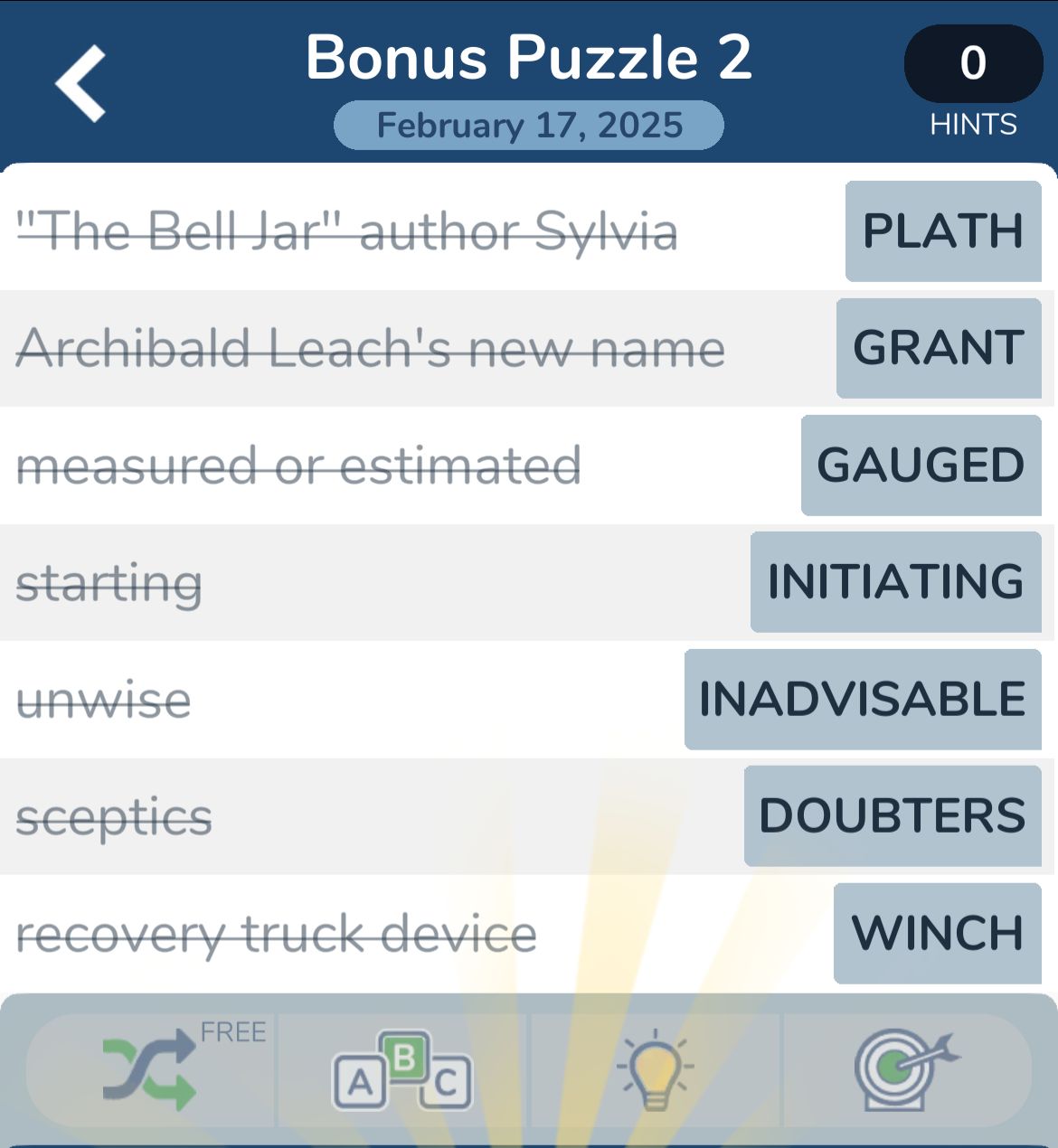 Word puzzle game clues and answers screenshot