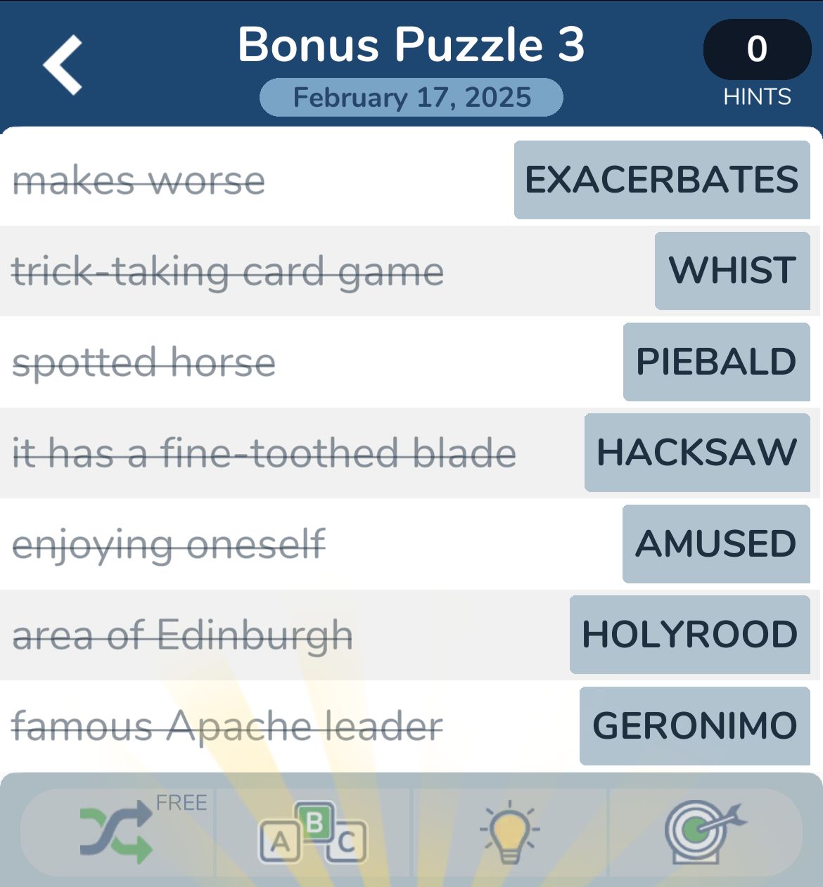 Crossword puzzle answers and clues for February 2025.