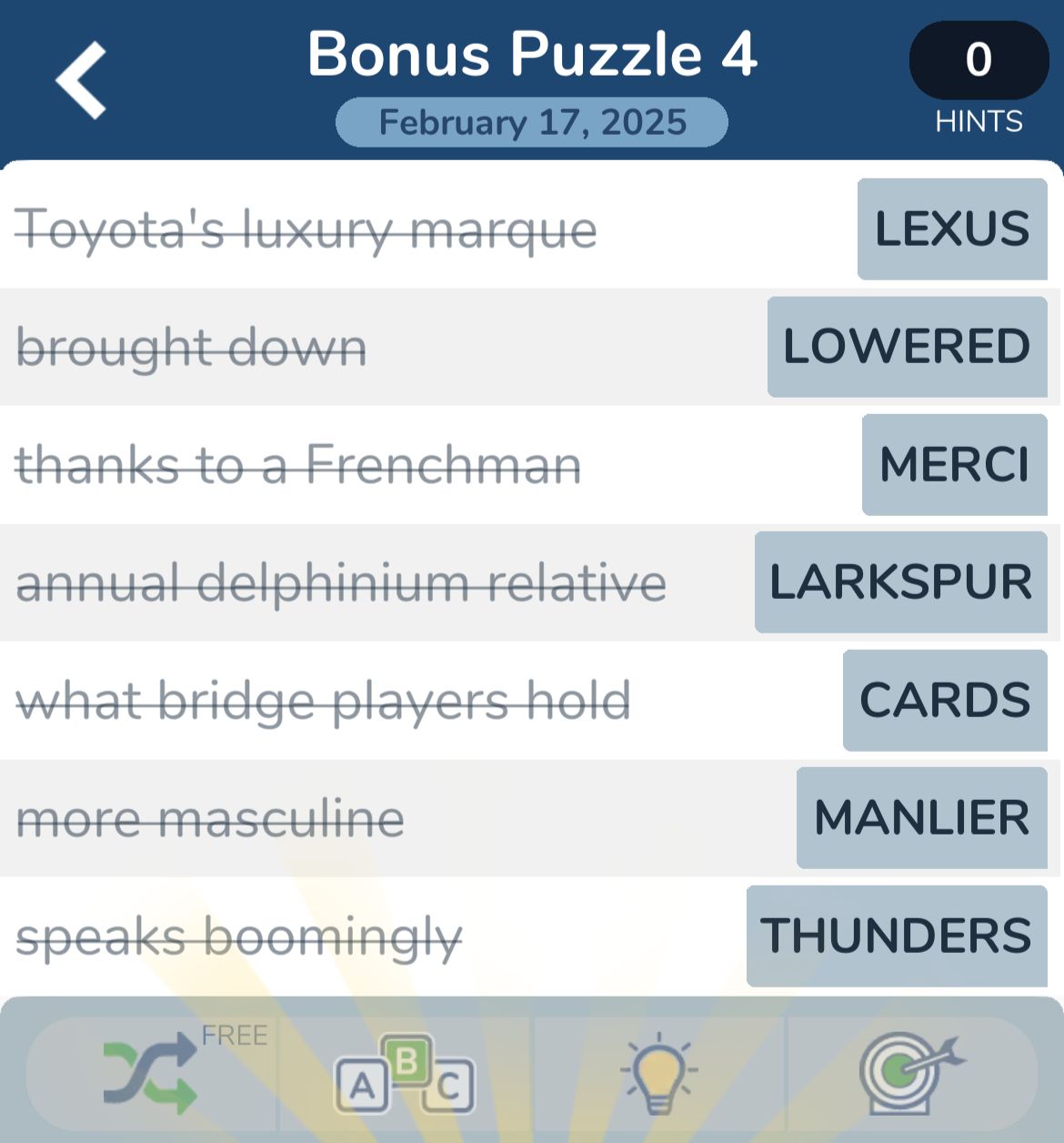 Crossword puzzle clues and answers screenshot.