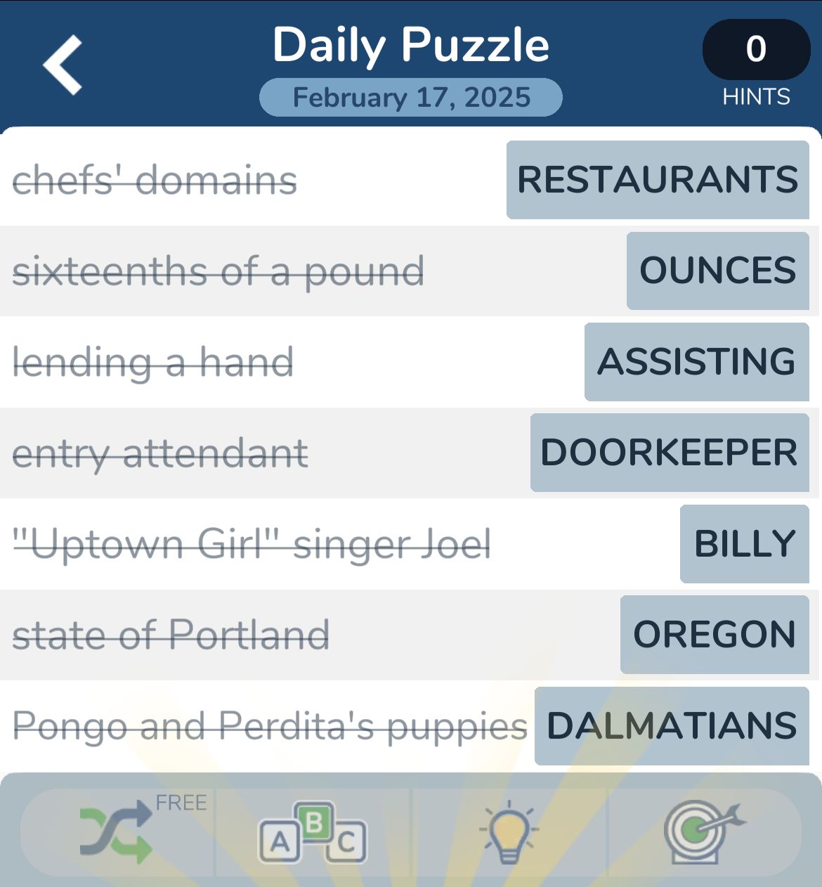 Crossword puzzle solutions for February 17, 2025