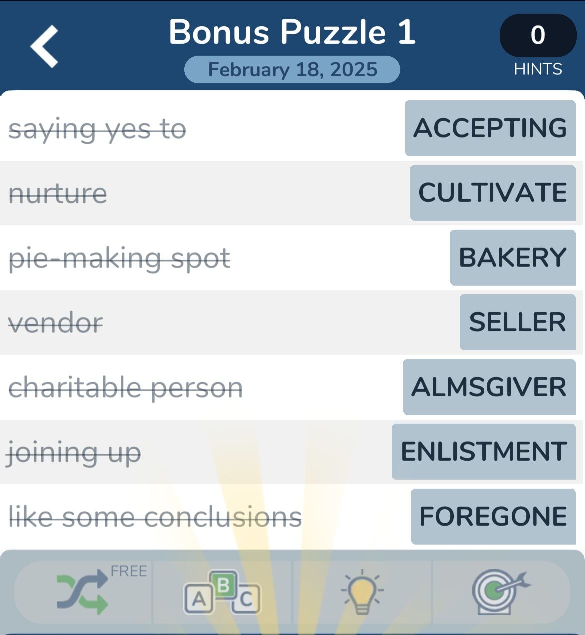 Word puzzle solutions list for February 18, 2025