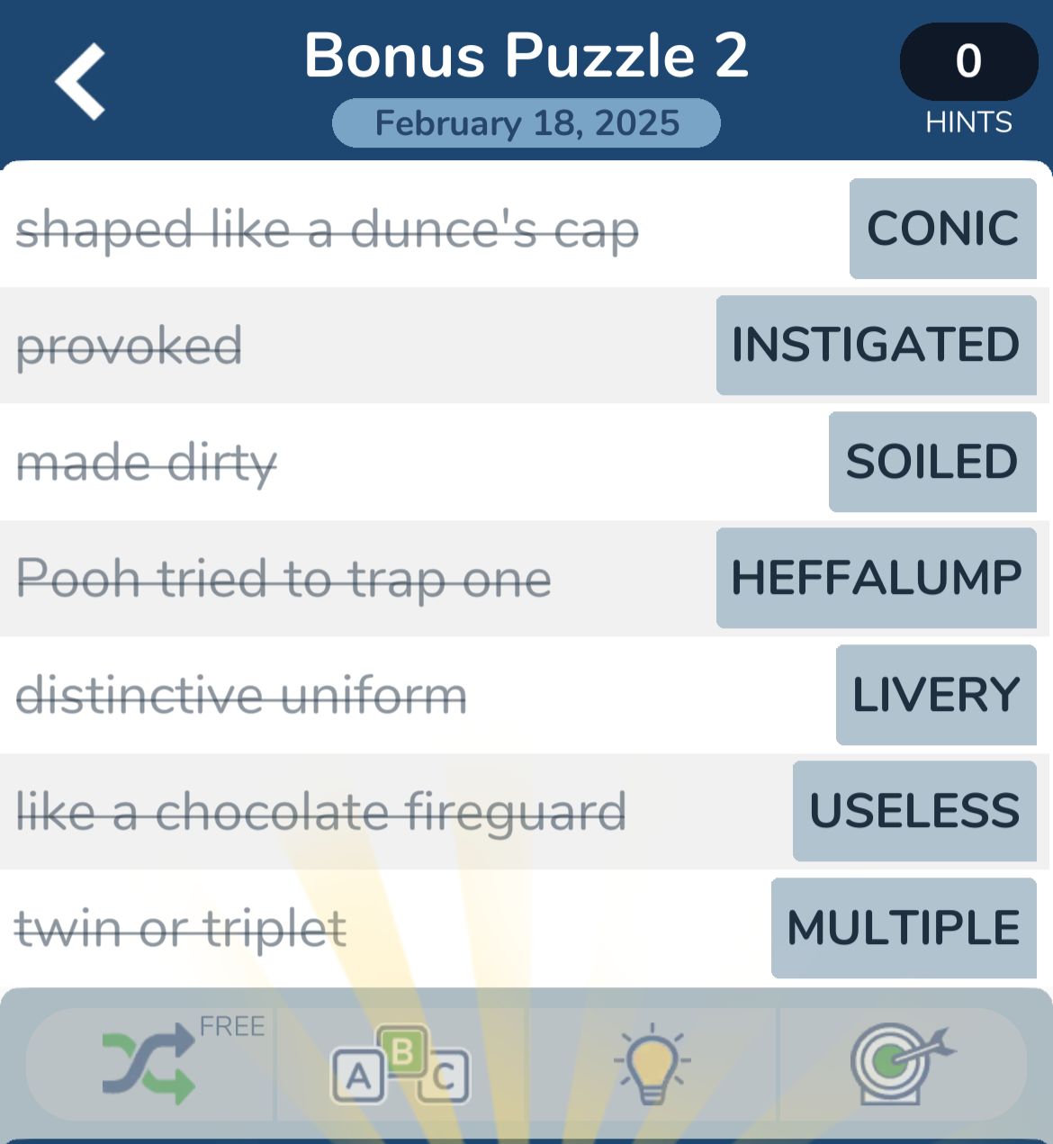 Word puzzle solutions, various descriptive clues.