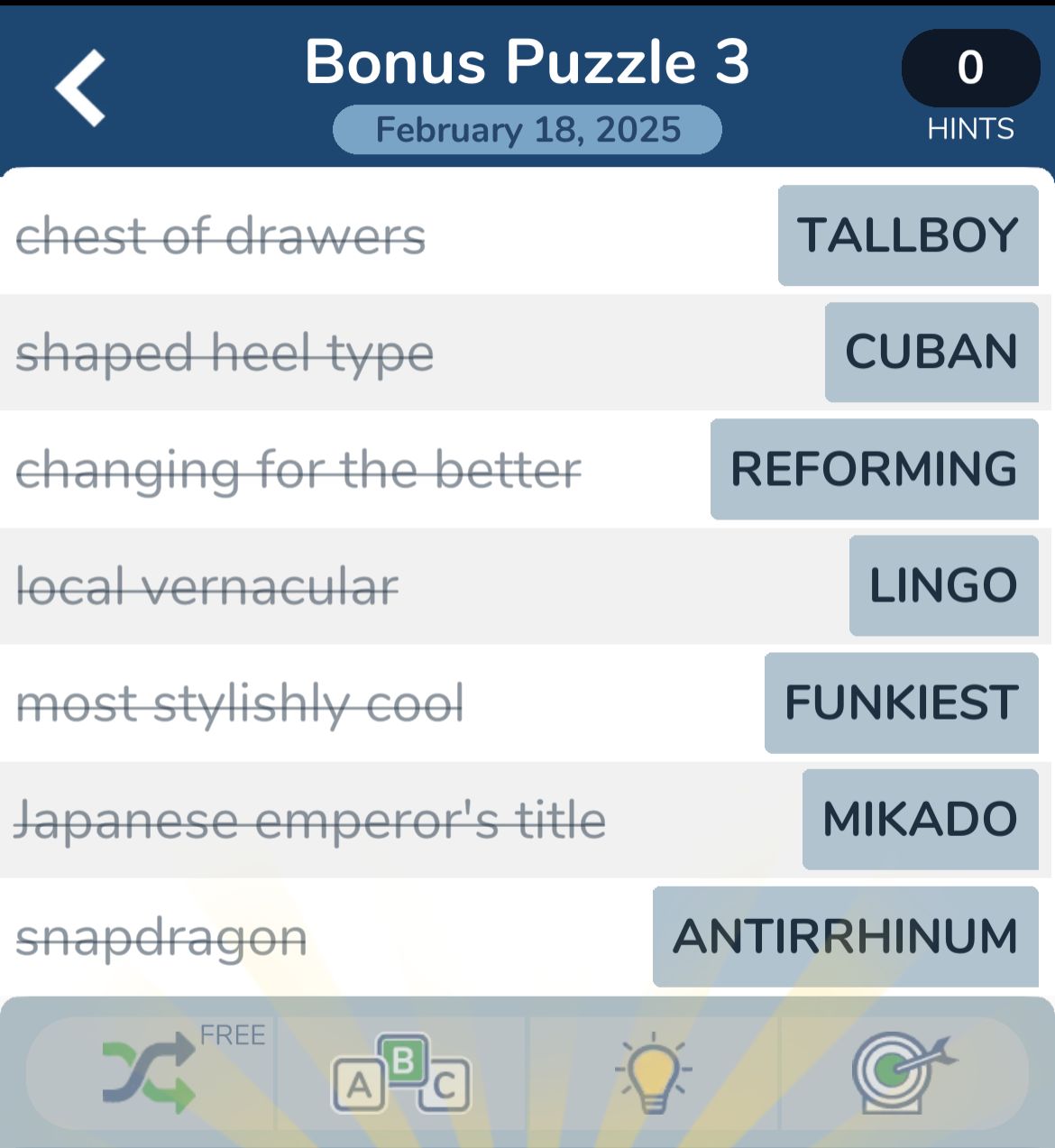 Word puzzle clues and answers, February 18, 2025.