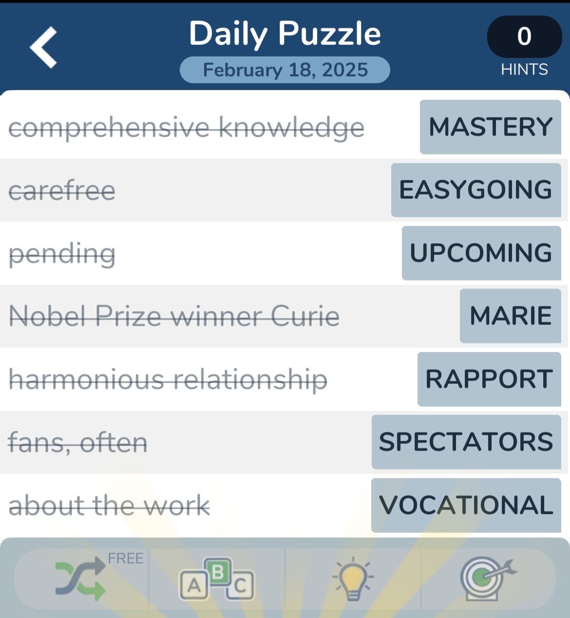 Word puzzle game interface, February 18, 2025