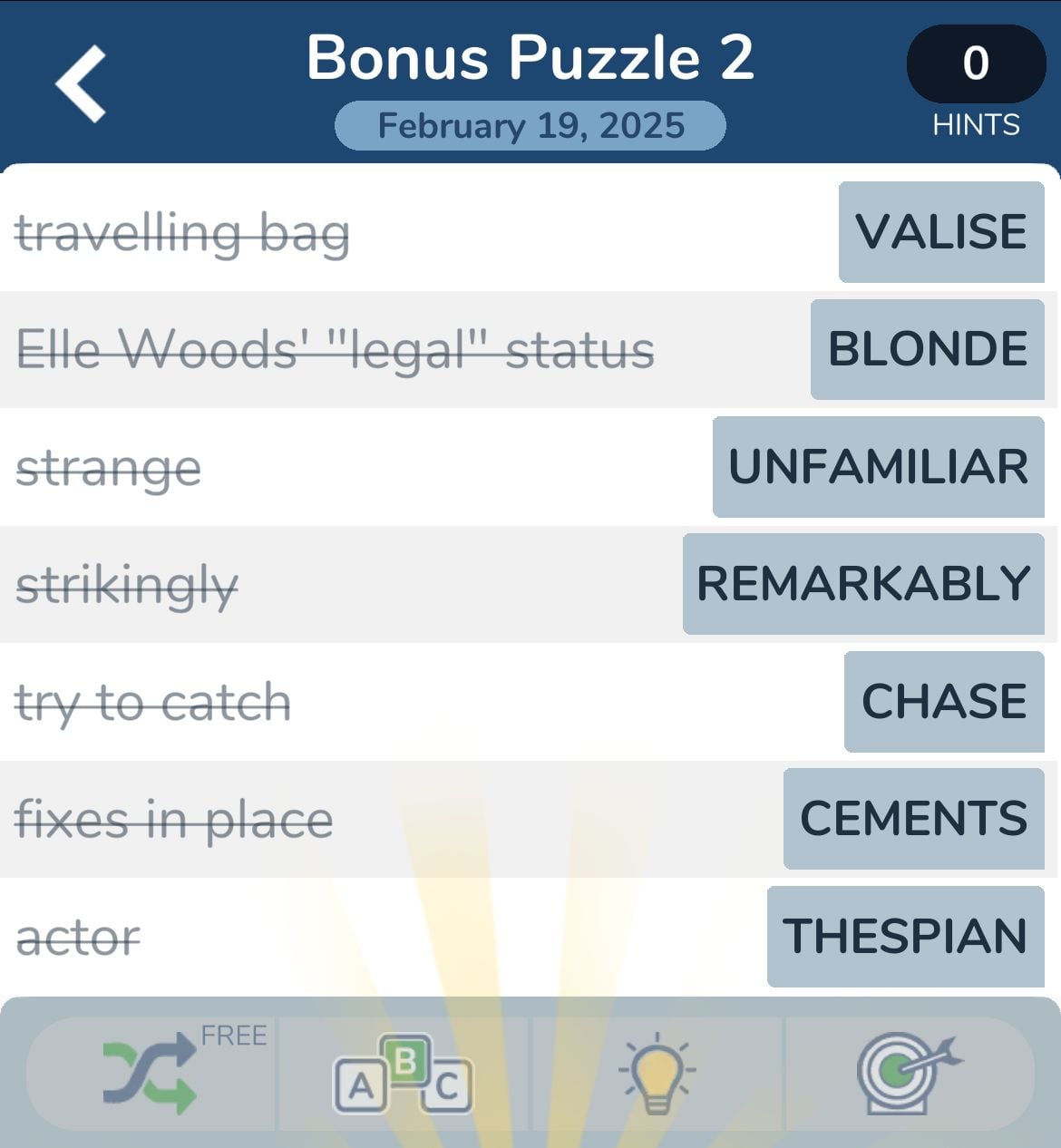 Word puzzle game with hints and clues