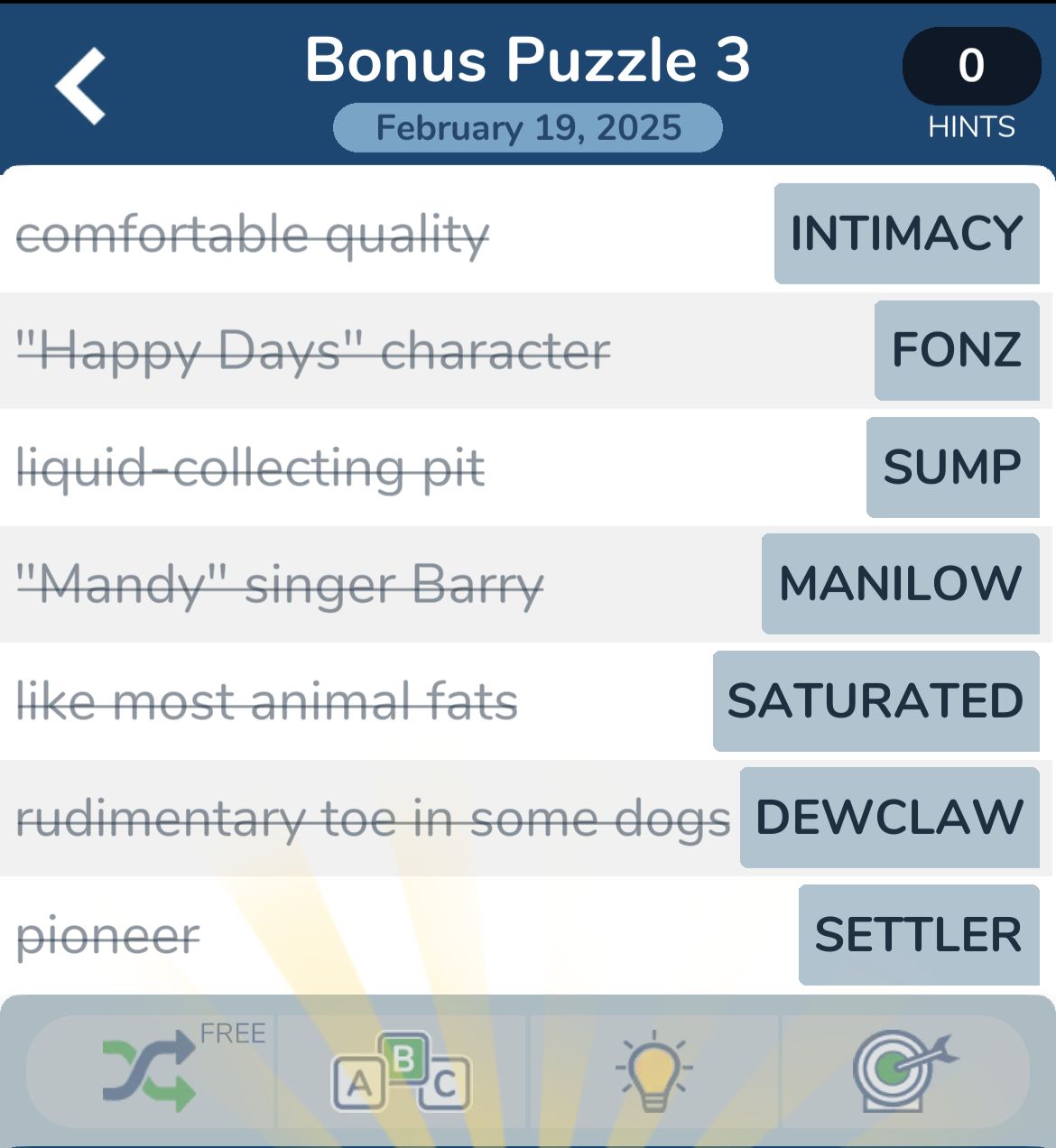 Word puzzle with clues and answers revealed.