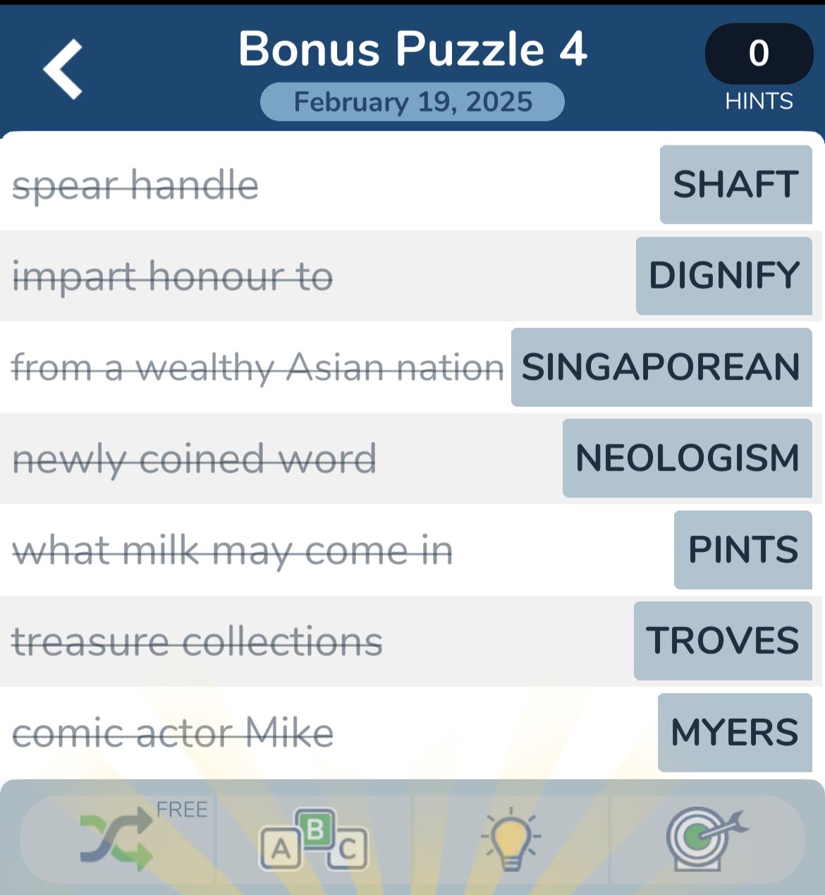 Crossword puzzle answers: Shaft, Dignify, Singaporean, etc.