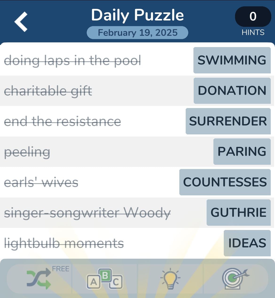 Crossword puzzle February 19, 2025 answers list.