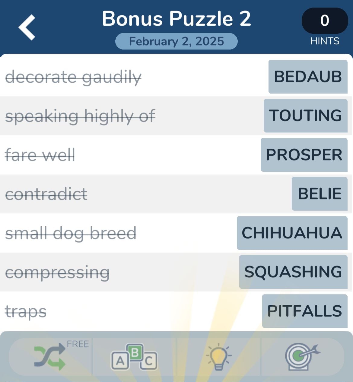 Word puzzle answers on February 2, 2025.