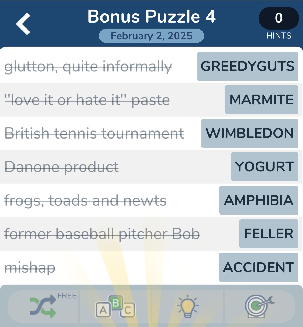 Word puzzle answers for February 2, 2025.