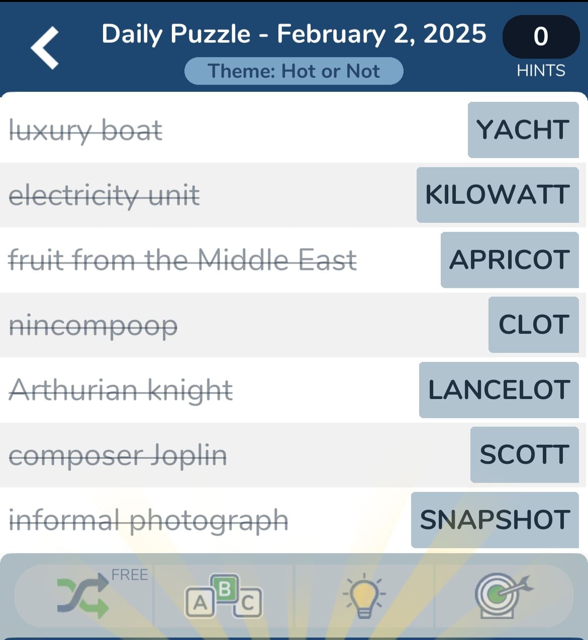 Daily puzzle with themed word hints and answers.
