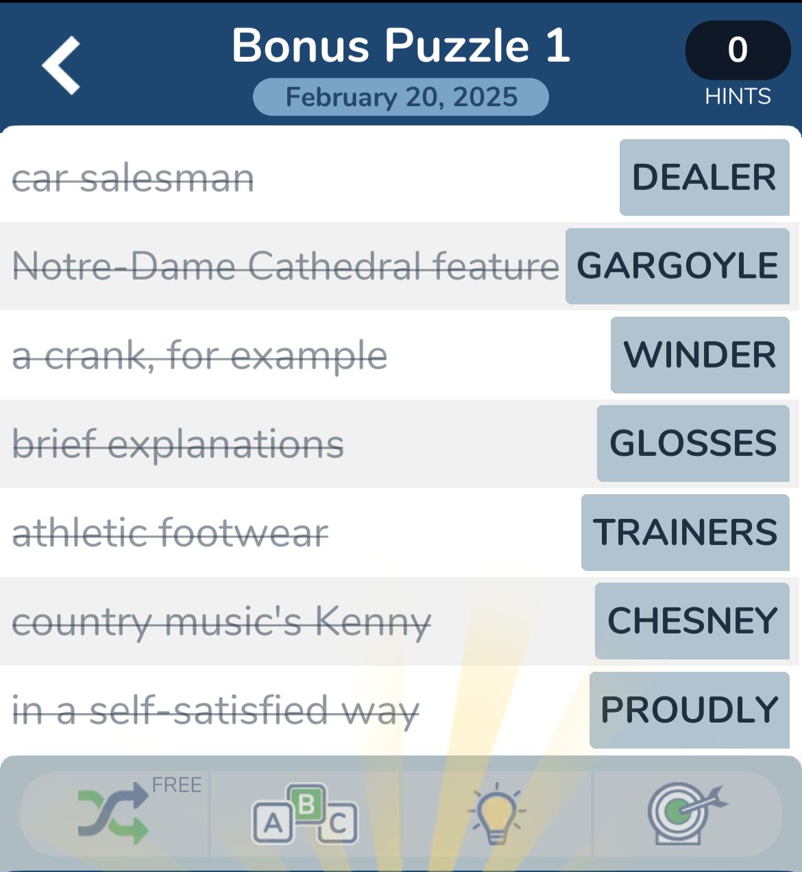 Word puzzle clues and answers, February 20, 2025