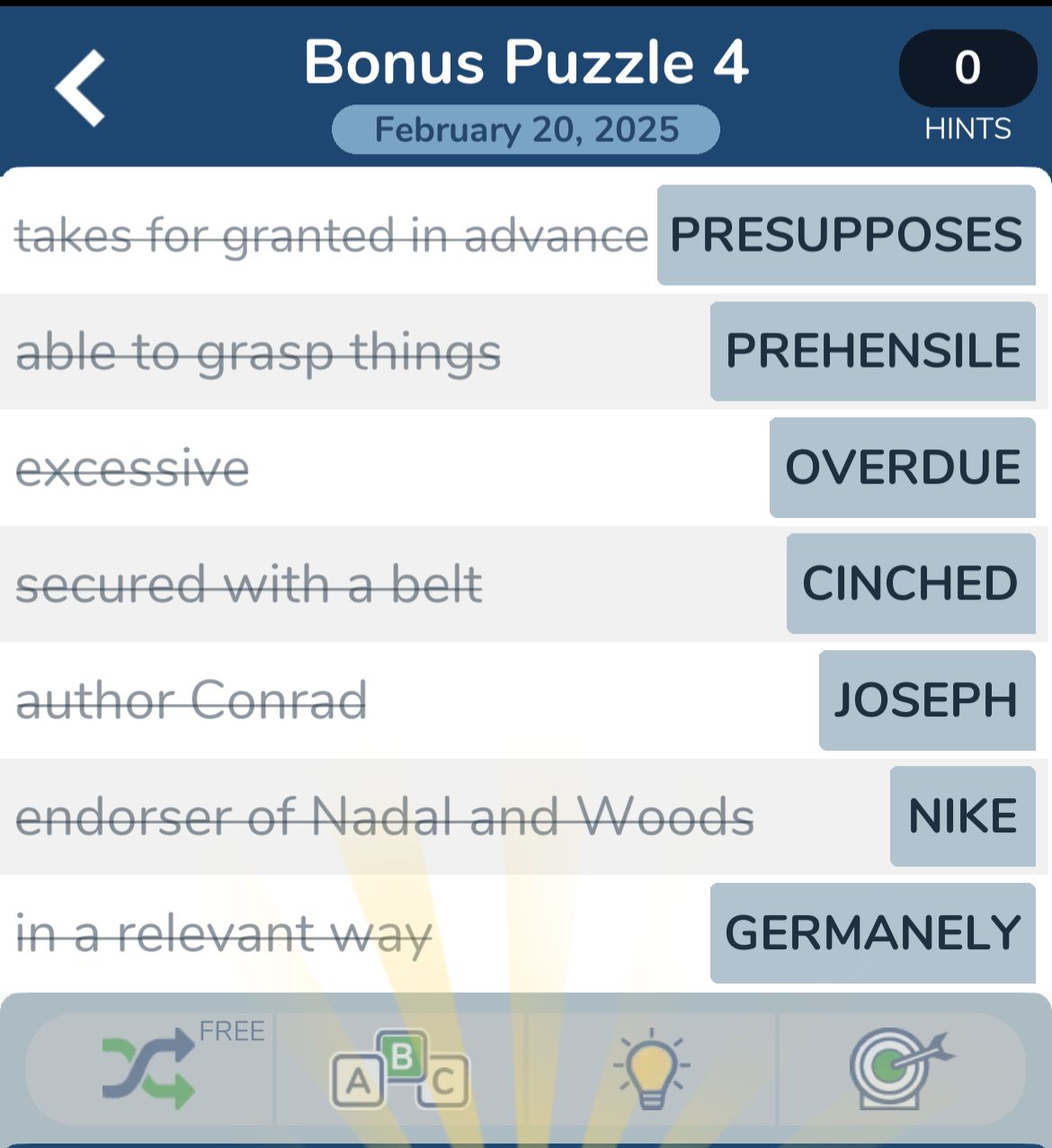 Word puzzle solution with clues and answers.
