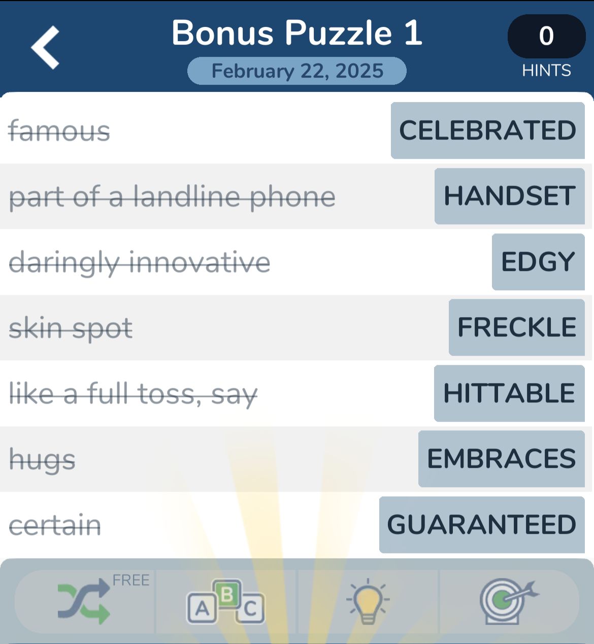 Word puzzle with clues and answers displayed