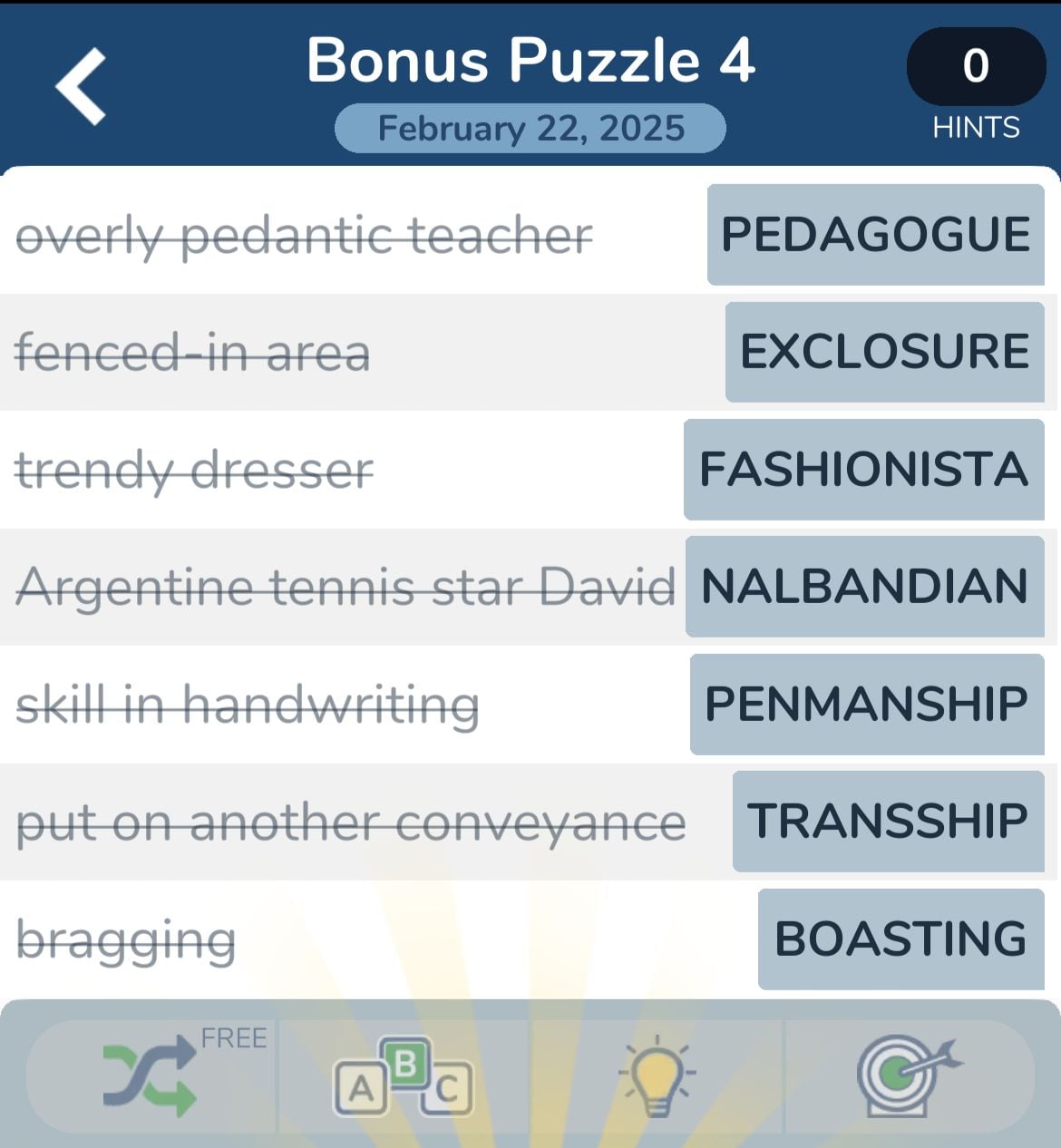 Word puzzle answers: pedagogue, penmanship, boasting
