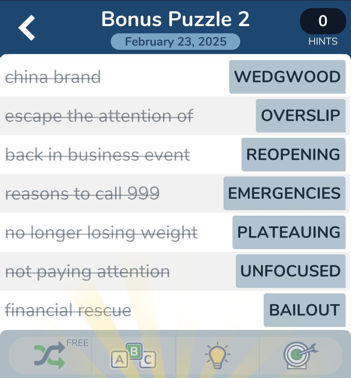 Word puzzle with solutions like WEDGWOOD, OVERSLIP, REOPENING.