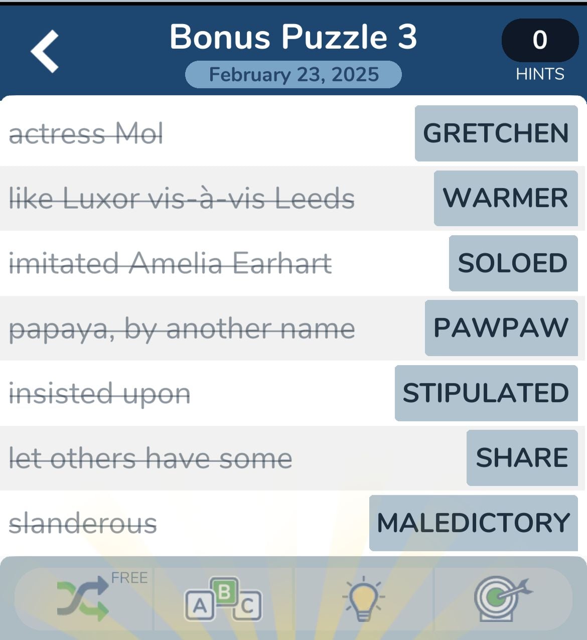 Bonus puzzle answers for each clue on display.