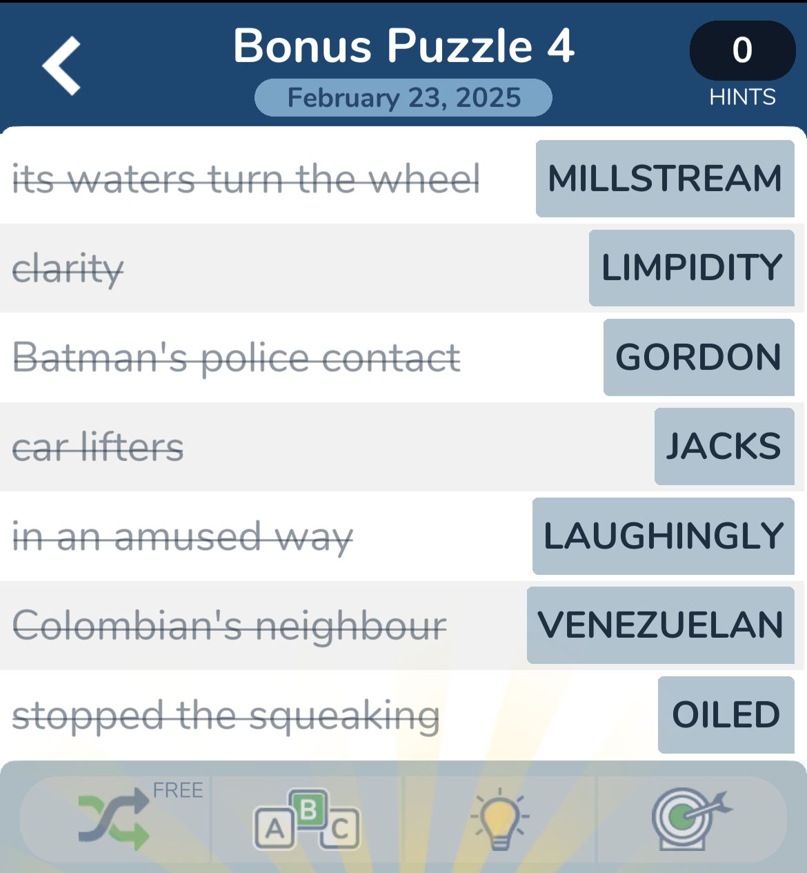 Crossword puzzle clues and answers from a game app.