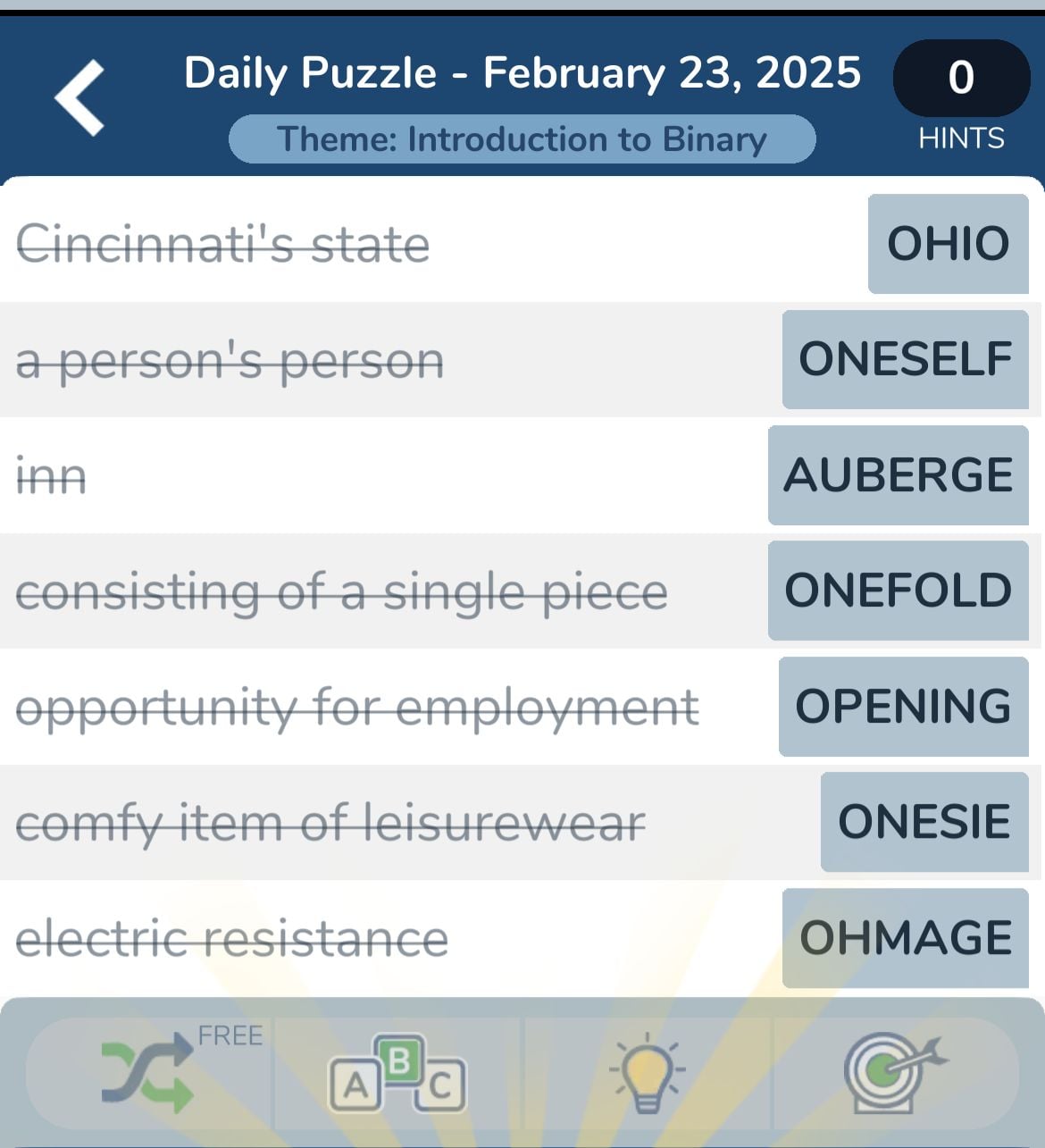 Word puzzle solutions related to binary theme.