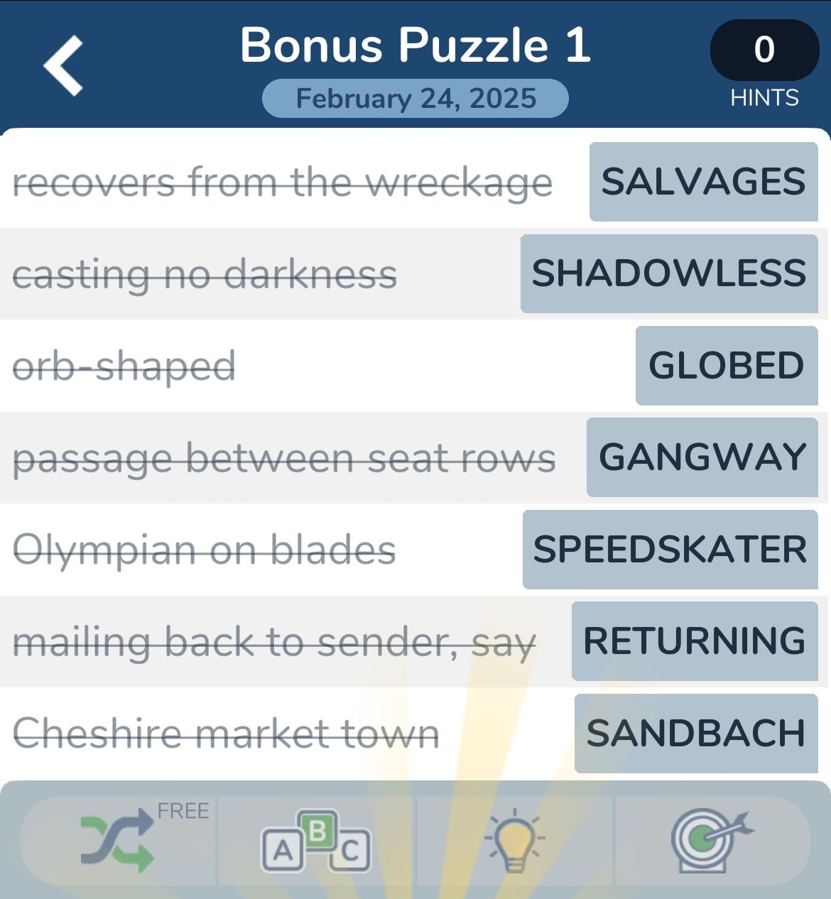 Word puzzle with clues and answers shown.