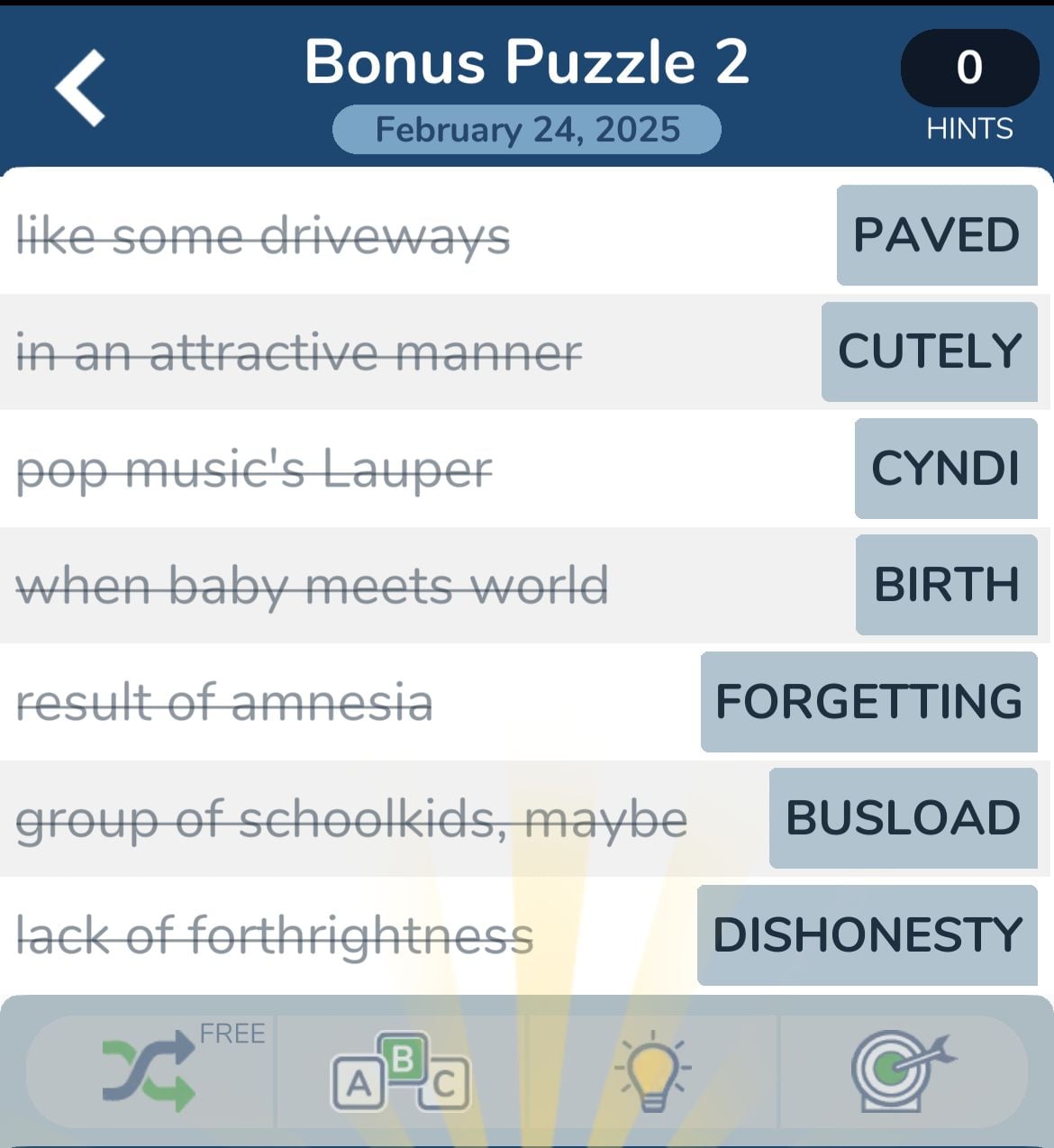 Word puzzle with clues and answers.