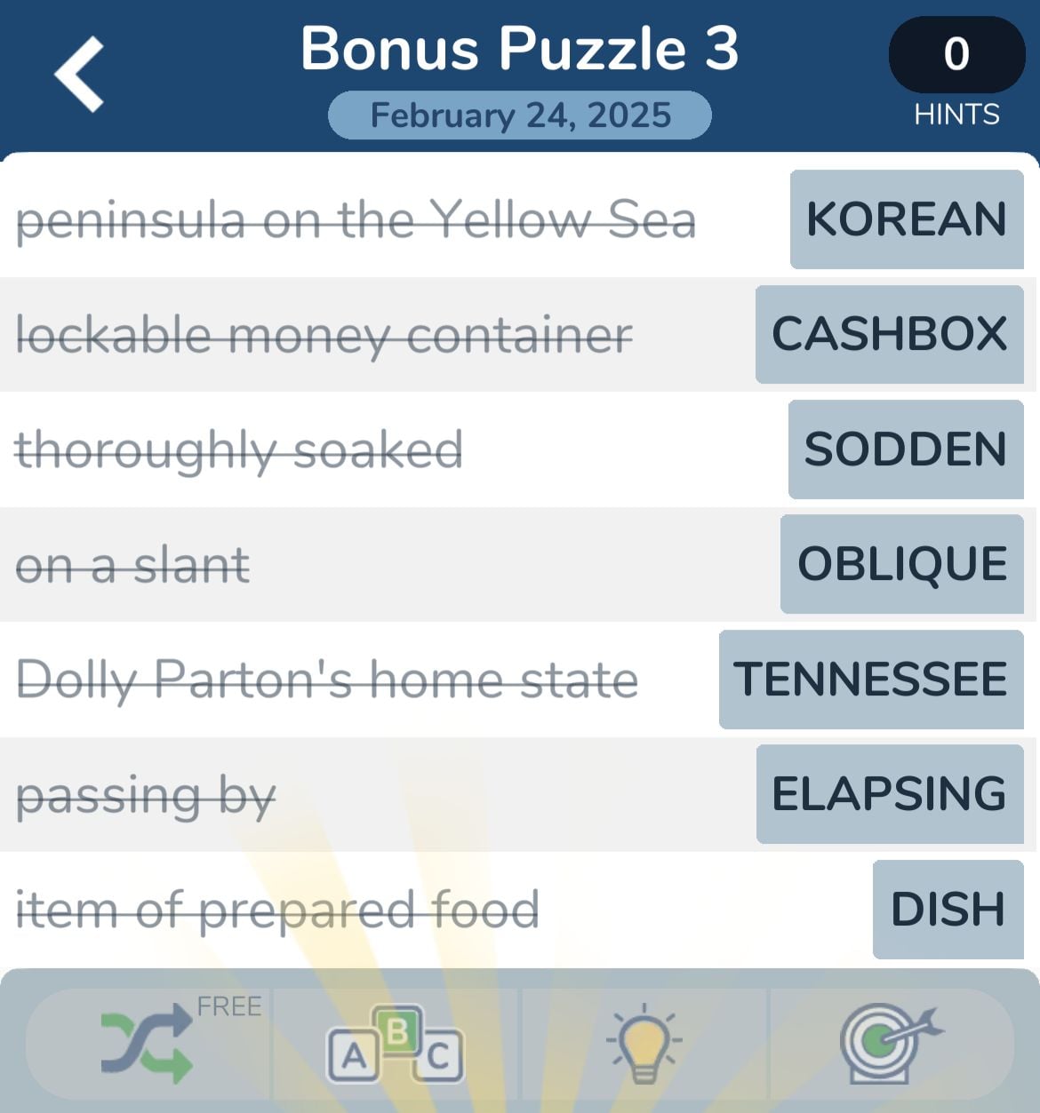 Daily crossword puzzle answers for February 24, 2025